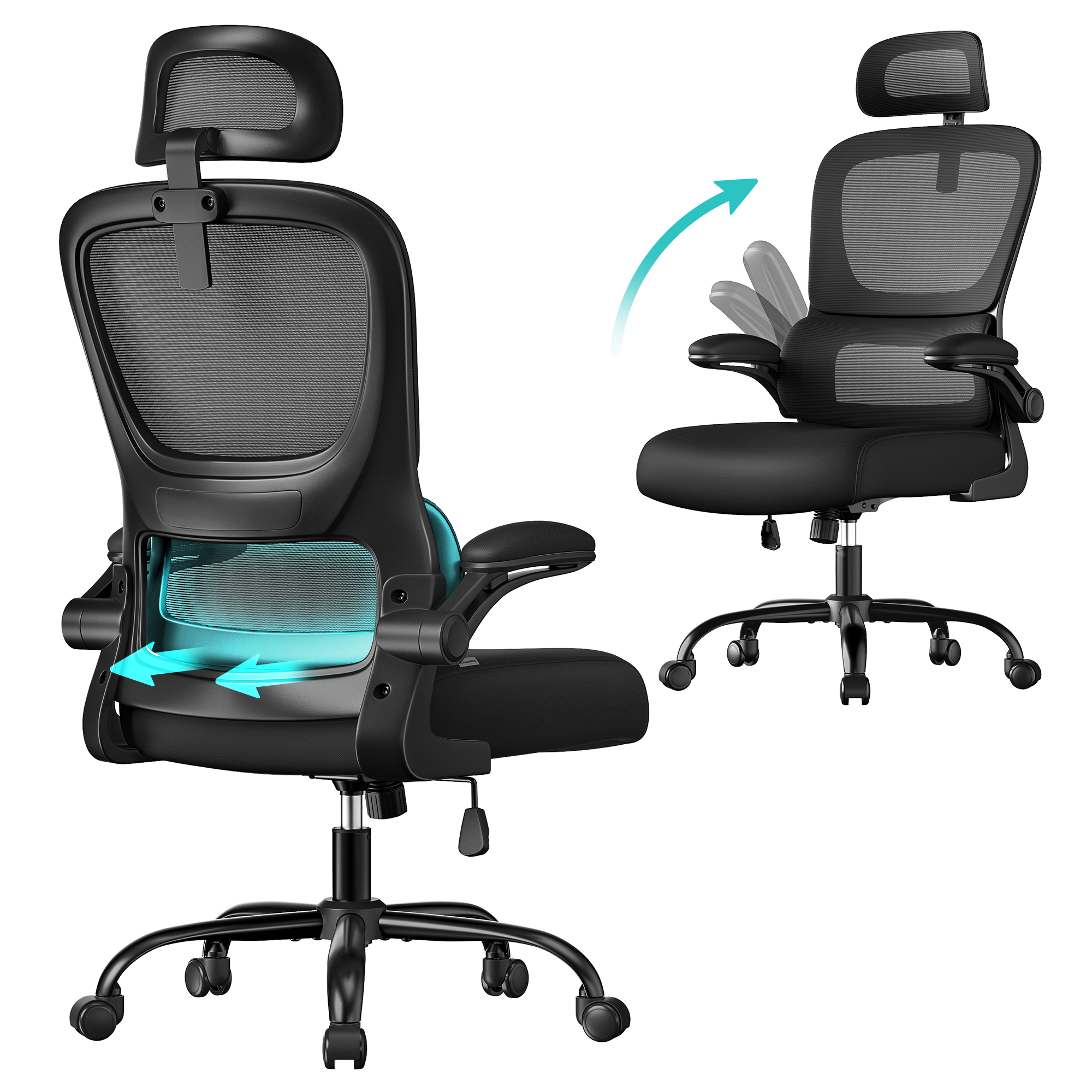 SONGMICS kontorstol, ergonomisk netstol til skrivebord, med dobbeltlags åndbart netstof, dynamisk lændestøtte, justerbar nakkestøtte, til hjemmekontor, blæksort OBN041B01