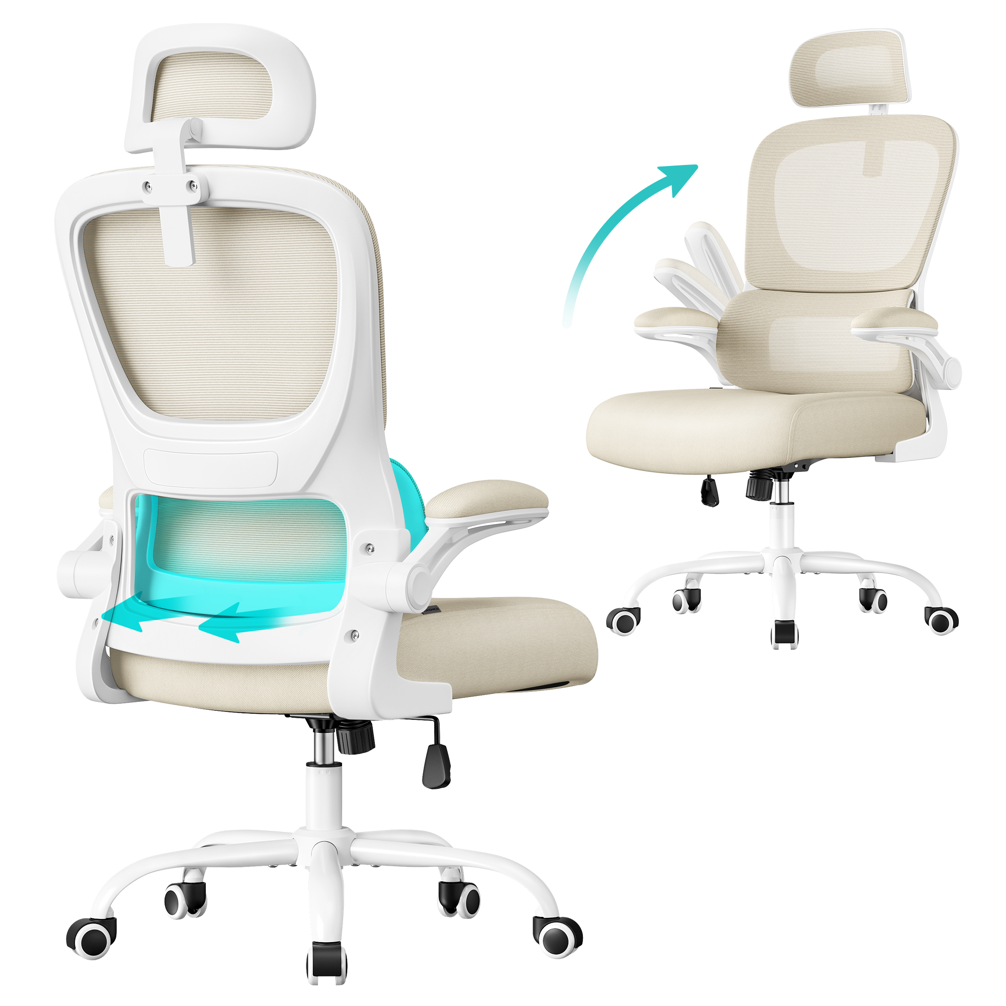 SONGMICS kontorstol, ergonomisk netstol til skrivebord, med dobbeltlags åndbart netstof, dynamisk lændestøtte, justerbar nakkestøtte, til hjemmekontor, sandbeige OBN041L01