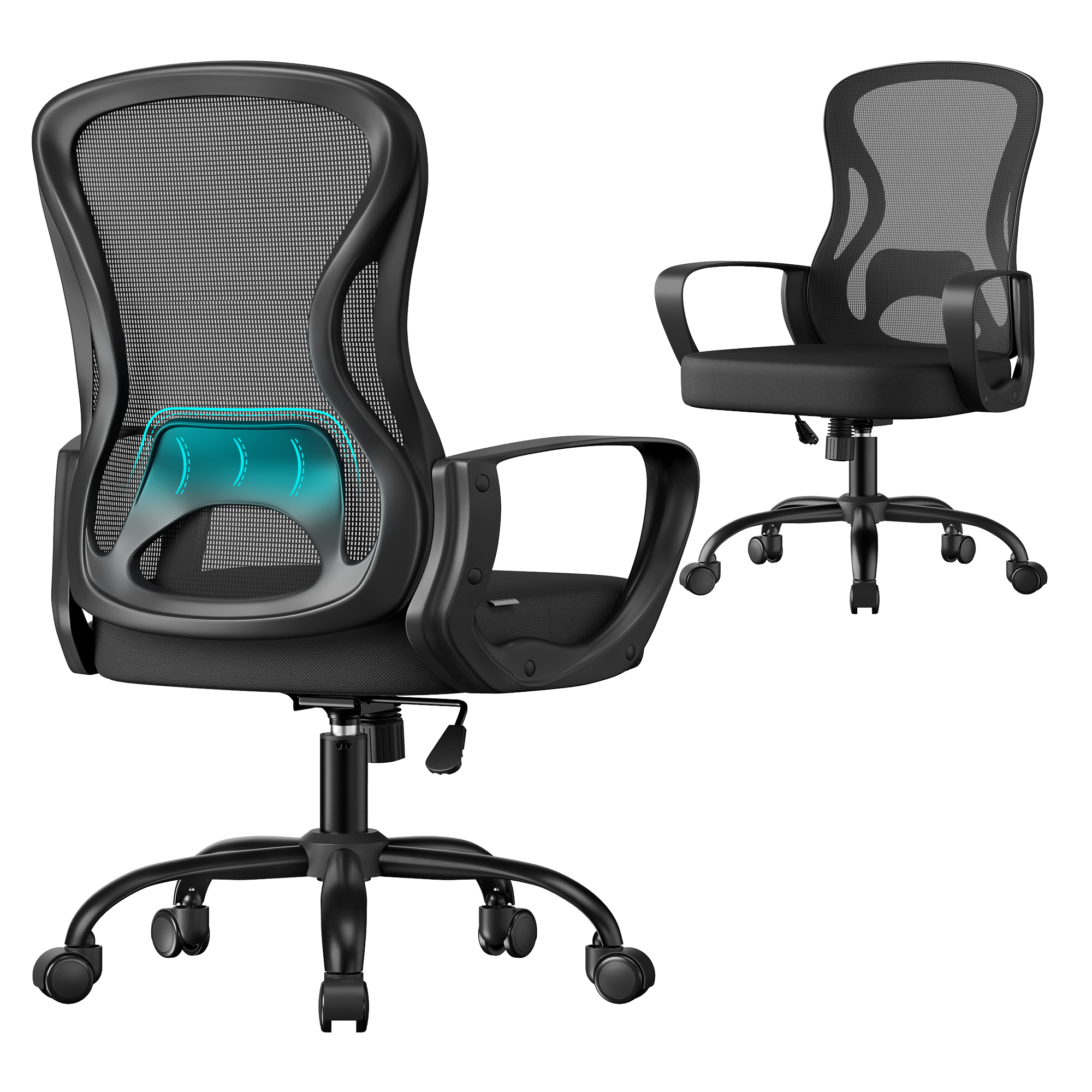 SONGMICS Ergonomisk Kontorstol, Drejelig Netstol med Lændestøtte, Armlæn, Arbejdsværelse og Soveværelse, Sort Blæk OBN043BH02