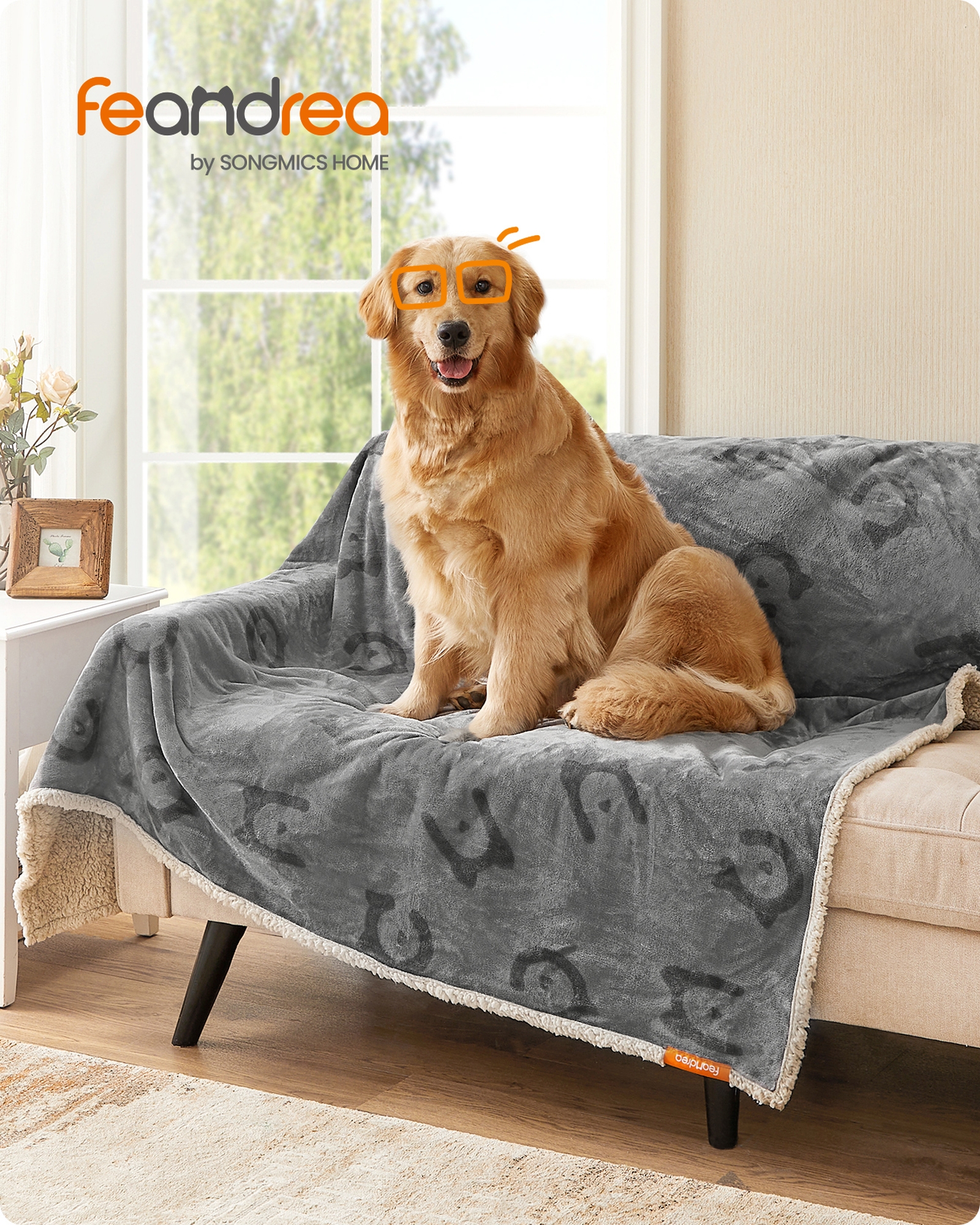 FEANDREA Vandtæt Hundetæppe, Sherpa Fleece Kæledyrstæppe til Store og Ekstra Store Hunde, Katte, 203 x 152 cm, XXL, Maskinvaskbar, Vendbar Hundesofabetræk, Grå PPB080G01