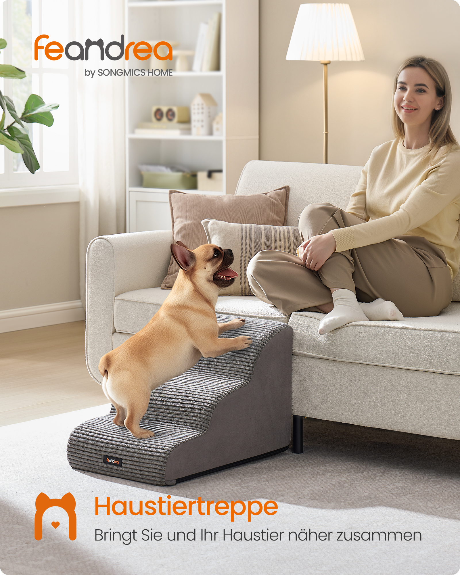 FEANDREA 3-trins hundetrappe, hundetrappe til seng, sofa, vandtæt kæledyrstrappe med skridsikkert design, blid hældning, aftageligt vaskbart betræk, håndtag, duegrå PPS003G01