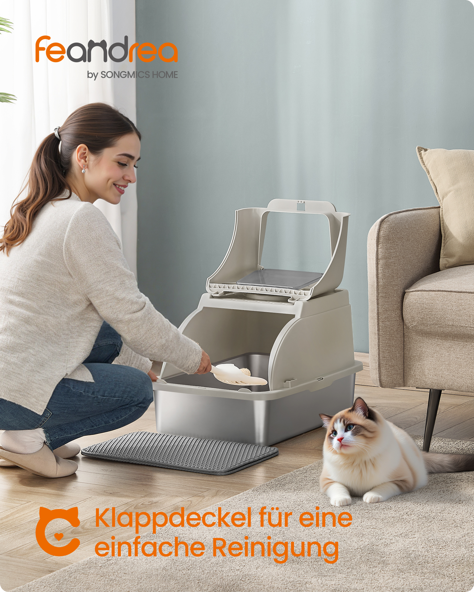 FEANDREA kattebakke i rustfrit stål med vippelåg, XL lukket kattebakke med lækagesikkert design, skovl, børste, dobbelt indgang, til katte op til 15 kg, Cappuccino Beige PPT005K01 FEANDREA kattebakke i rustfrit stål med vippelåg, XL lukket kattebakke med lækagesikkert design, skovl, børste, dobbelt indgang, til katte op til 15 kg, Cappuccino Beige PPT005K01