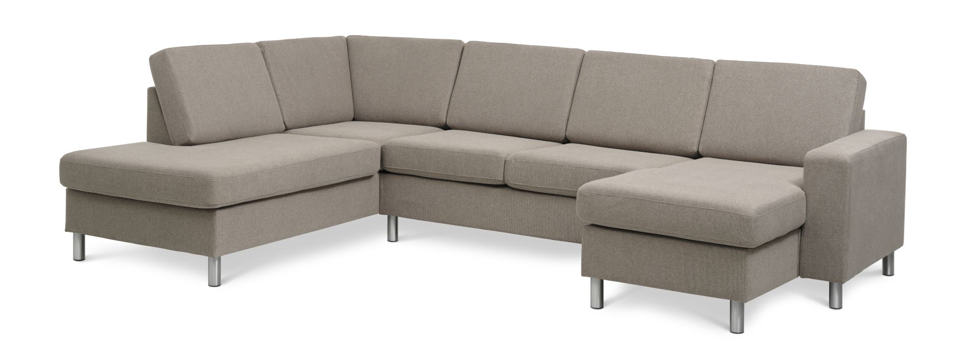Pan set 4 U OE left sofa med chaiselong - antelope beige polyester stof og børstet aluminium