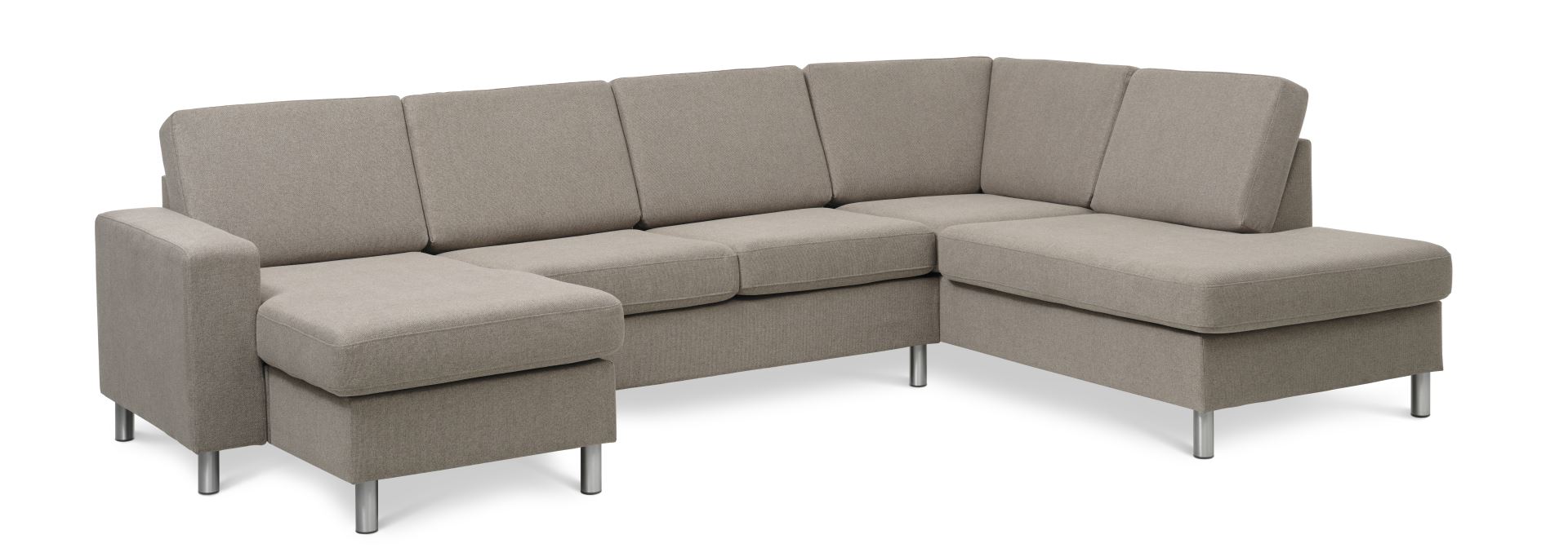 Pan set 5 U OE right sofa med chaiselong - antelope beige polyester stof og børstet aluminium