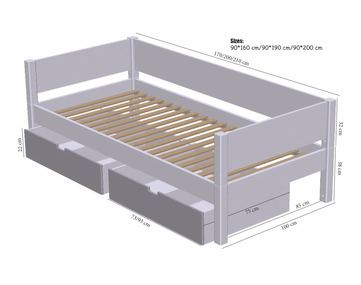 Manis-HÂ Mimer Enkeltseng med sprosset sengehest og skuffer - 200 cmÂ -Â 90x200