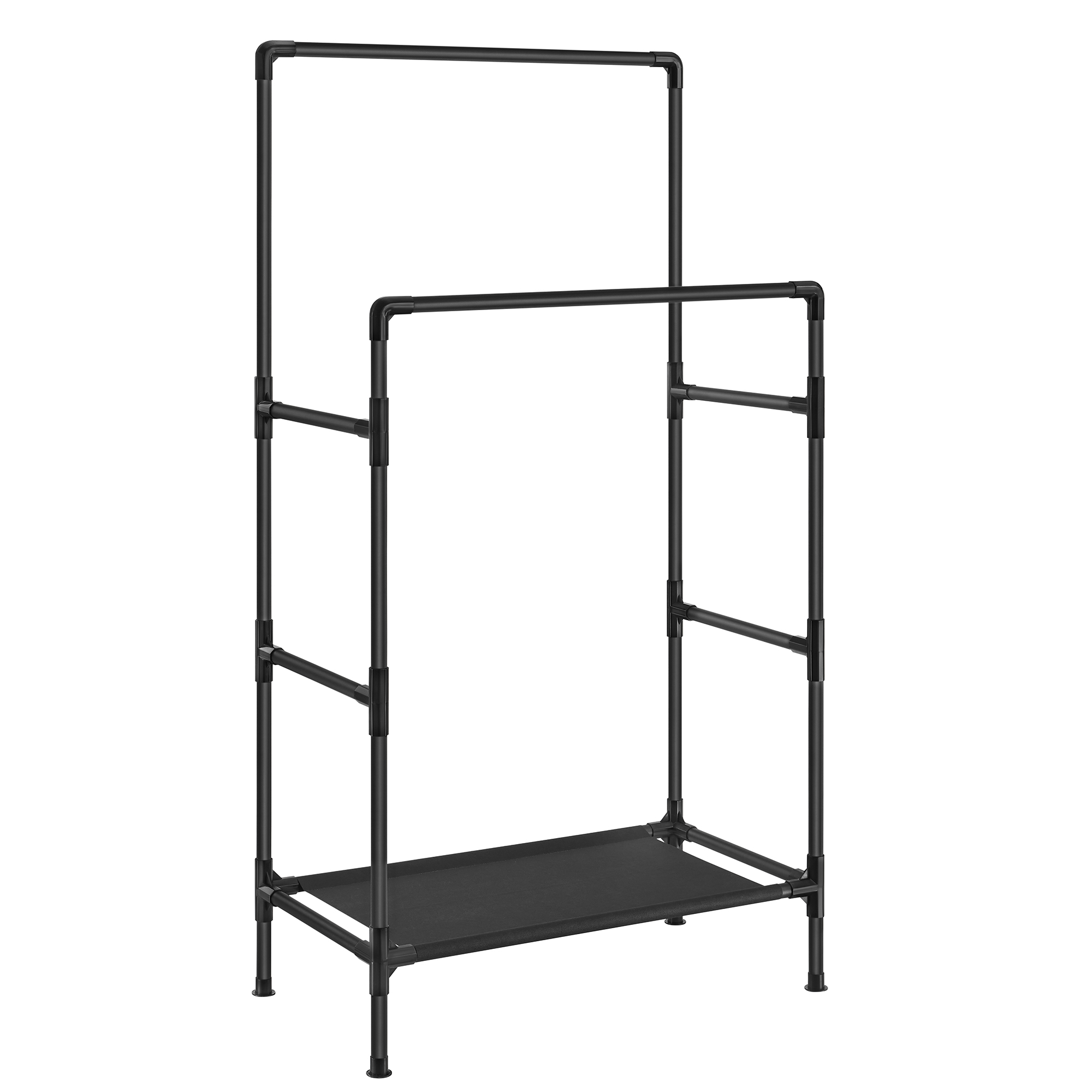 SONGMICS Tøjstativ, Tøjtørrestativ, Metalstativ med 2 ophængningsstativer og opbevaringshylde, Maks. belastning 55 kg, Nem montering, Sort RDR001B02