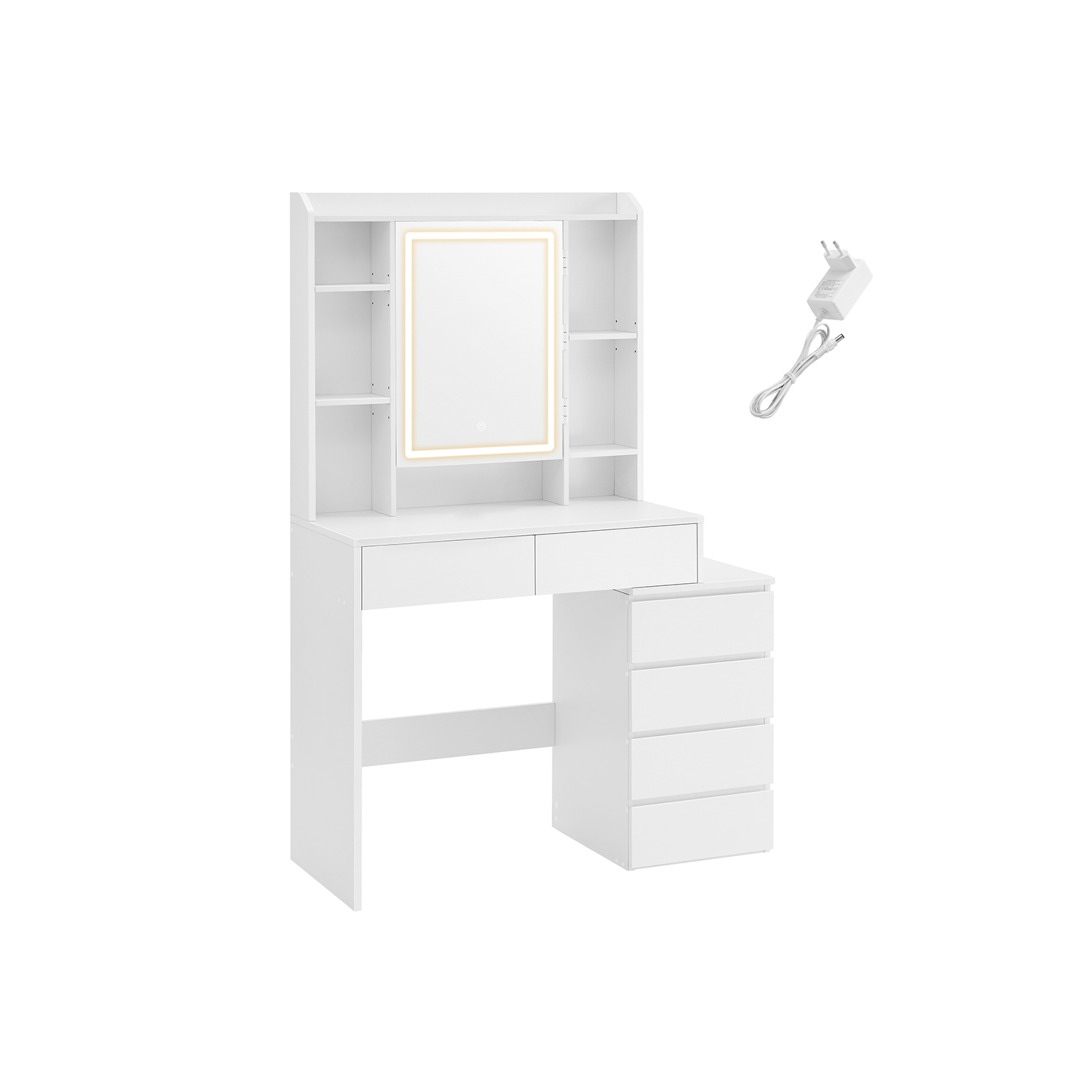 VASAGLE LED-belysningssminkebord med justerbar lysstyrke Sminkebord med spejl Kosmetikbord med skuffer Åbne rum Justerbare hylder Moderne Cloud White RDT124W01 VASAGLE LED-belysningssminkebord med justerbar lysstyrke Sminkebord med spejl Kosmetikbord med skuffer Åbne rum Justerbare hylder Moderne Cloud White RDT124W01
