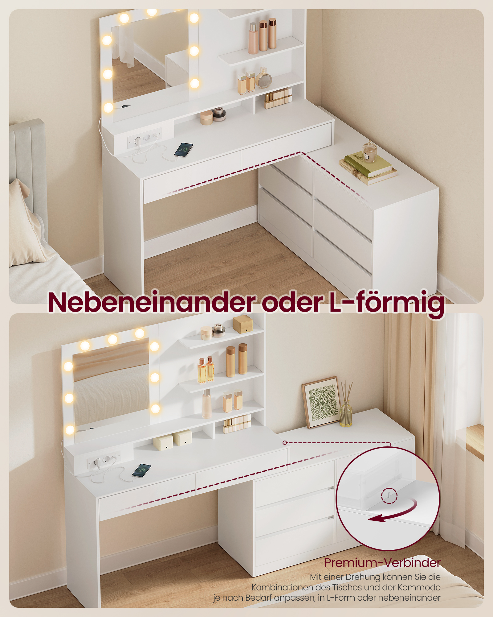VASAGLE Kailyn RDT140WB01 Toiletbord med spejl og LED-belysning, Toiletbord 9 pærer, 8 skuffer, 3 hylder, 3 lysfarver, lige eller L-formet, Cloud White