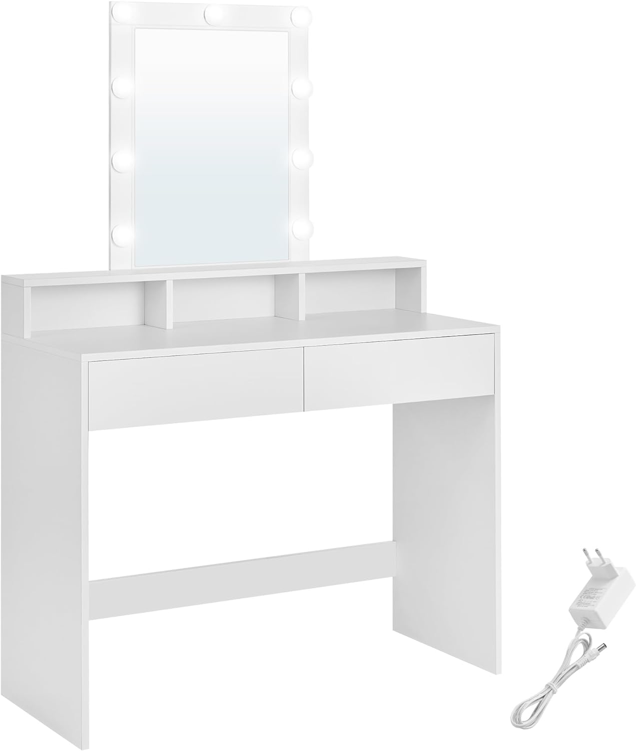VASAGLE Toiletbord, LED lys med justerbar lysstyrke, Makeup bord med spejl, 2 skuffer og 3 rum, Makeup Station, Moderne, Hvid RDT164W01