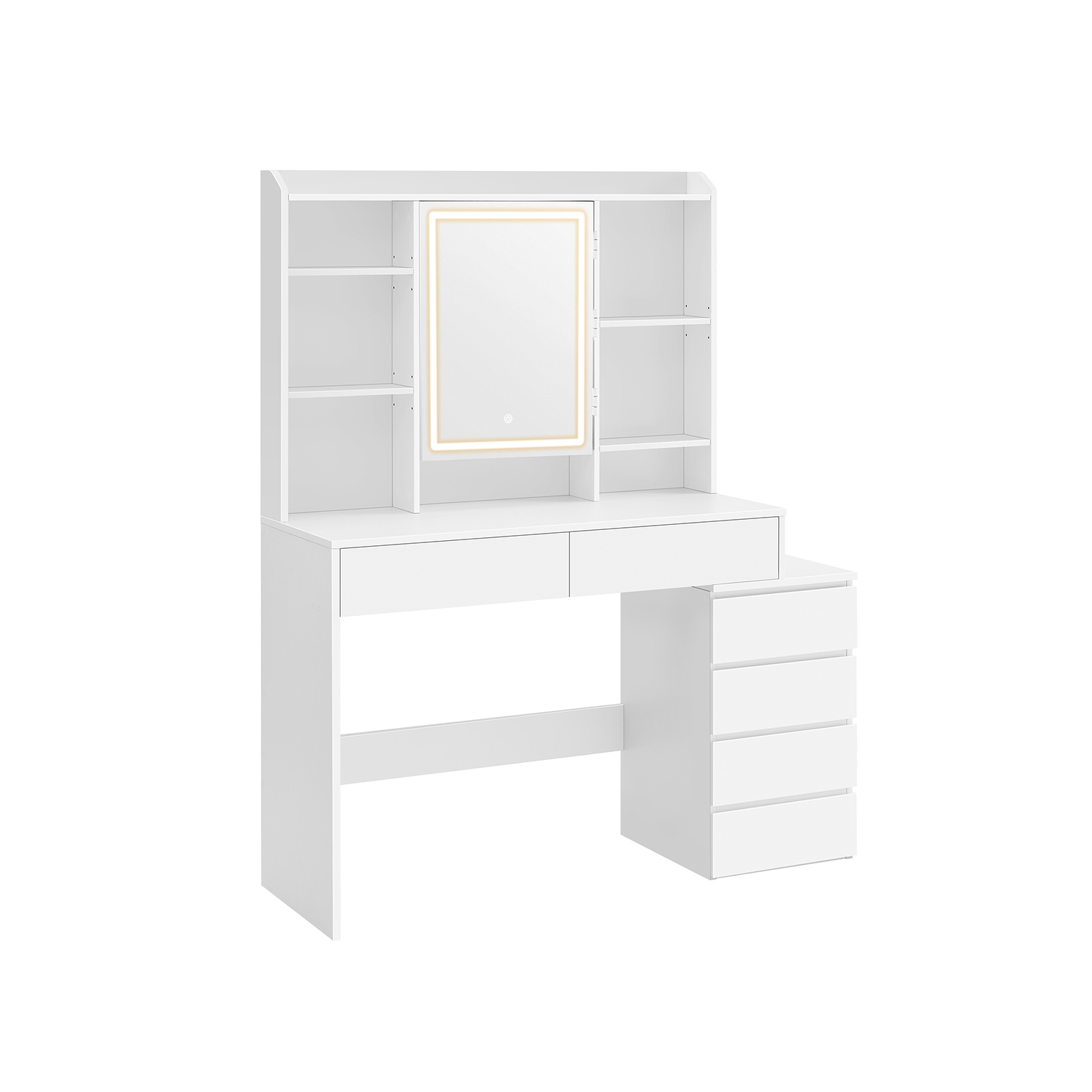 VASAGLE Sminkbord med LED-belysning och justerbar ljusstyrka Sminkbord med spegel Sminkbord med lådor Öppna fack Justerbara hyllor Modern molnvit RDT624W01