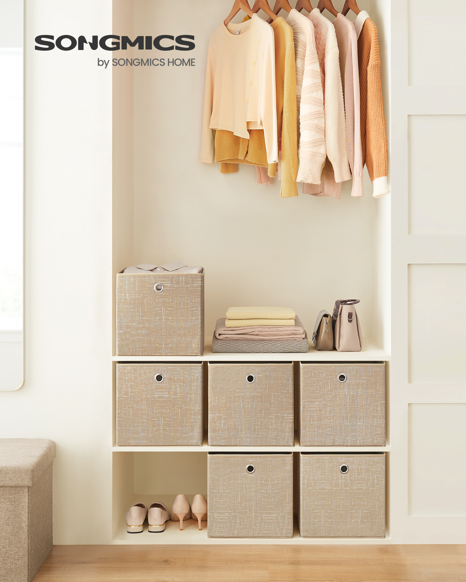 SONGMICS Opbevaringskasser, Sæt med 6 non-woven stofkasser med håndtag, 30 x 30 x 30 cm, Fit Cube opbevaringsenhed, til hylder, Sammenklappelig, Tøjorganisator, Sandbeige RFB006K03