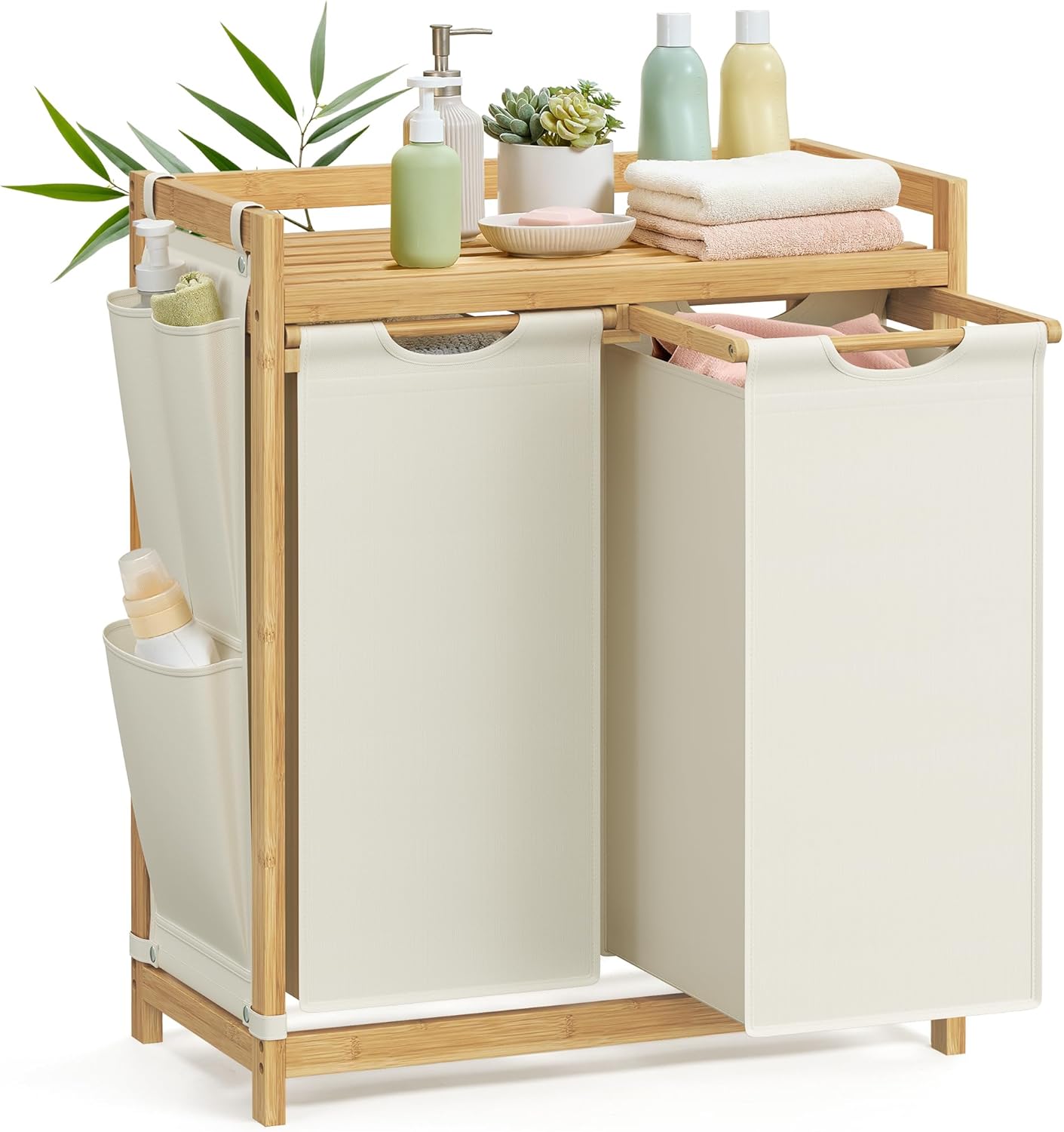 SONGMICS Vasketøjskurv med 2 rum, Bambus Vasketøjskurv, 100 liters kapacitet med hylde, Sidelommer, 2 x 50 L, 63 x 33 x 78 cm, Cremehvid RLH100W01