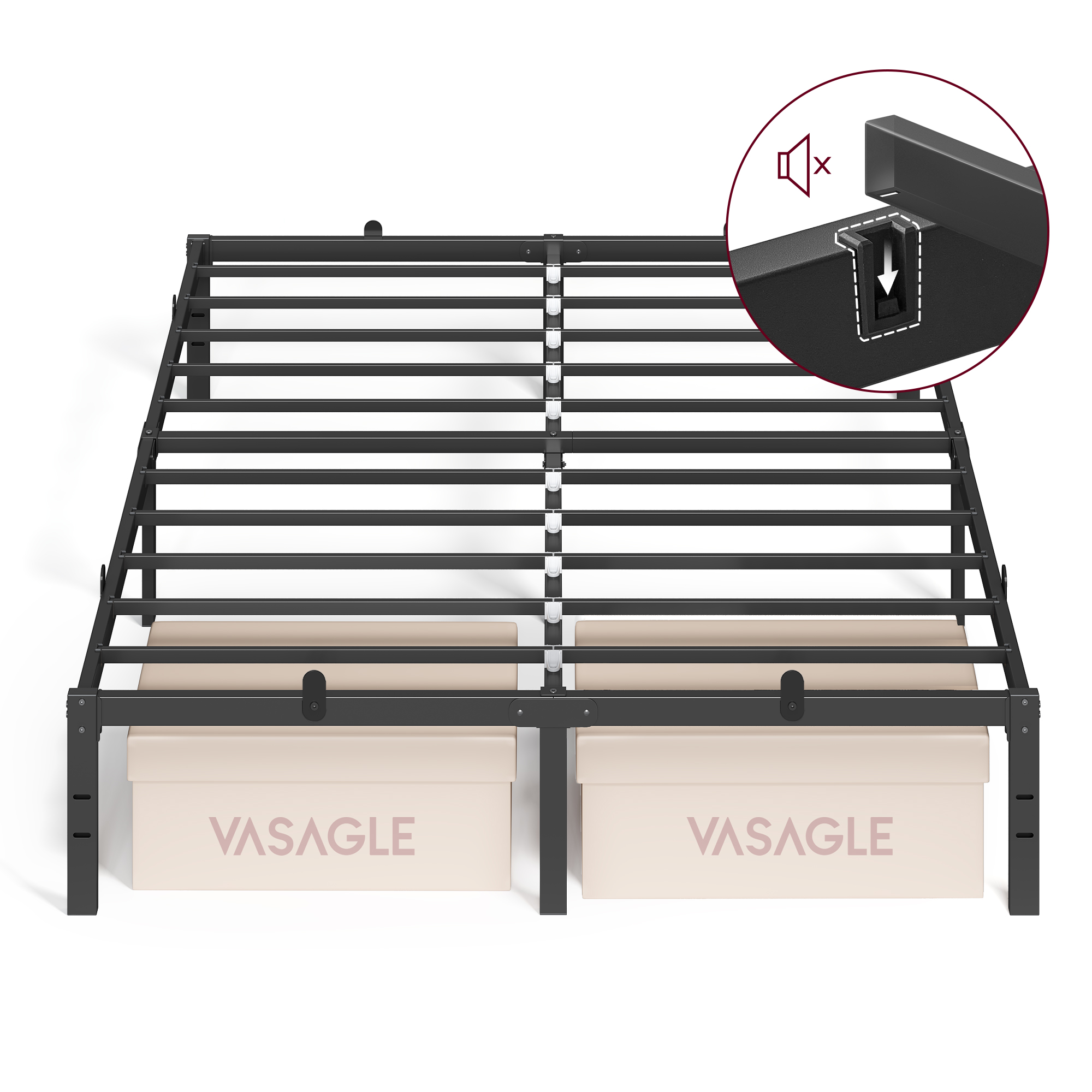 VASAGLE Sengestel 140 x 190 med metalbund, metalstel, opbevaringsplads nedenunder, moderne, gæsteseng, nem montering, blæksort RMB133B01