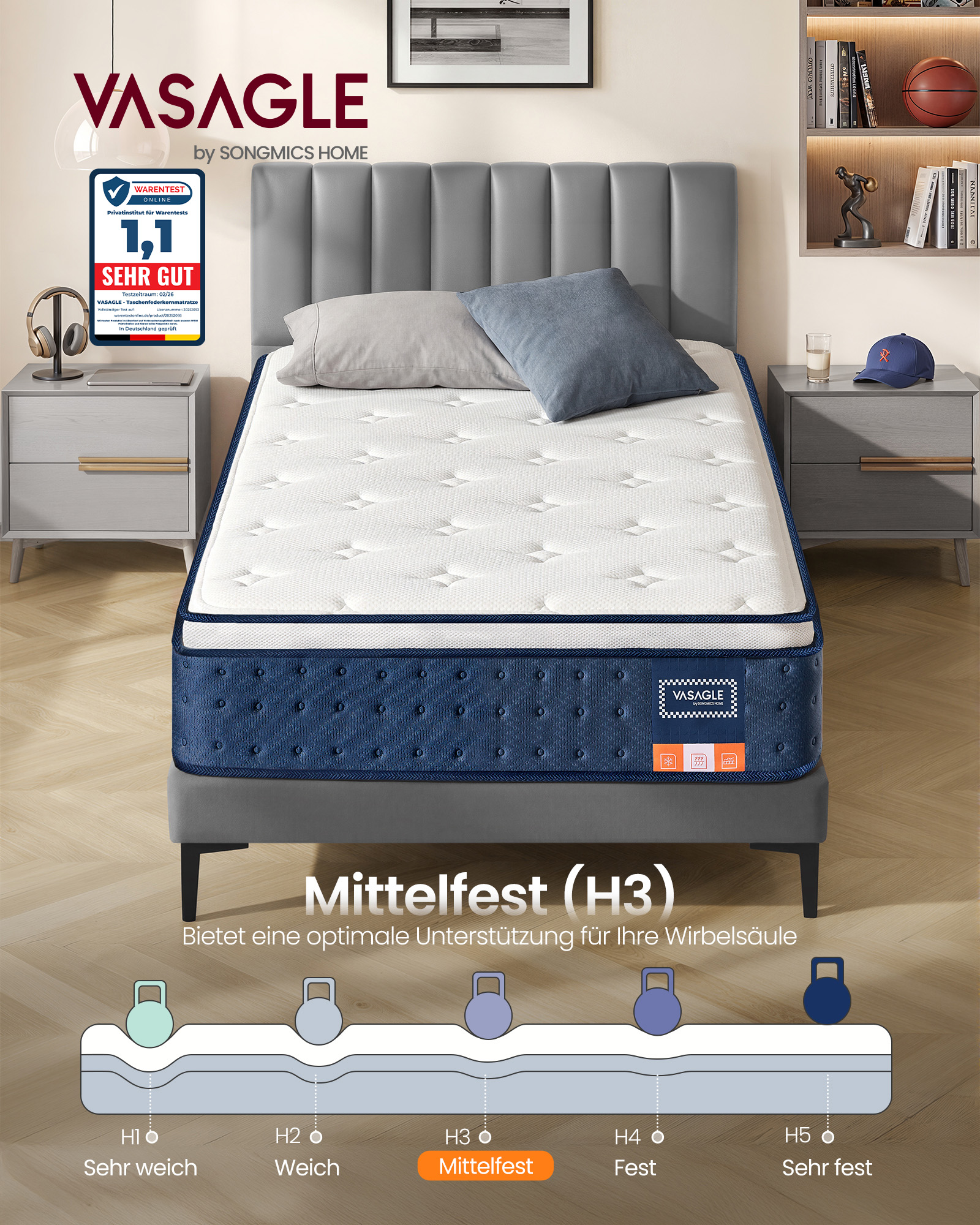 VASAGLE RMZ222QZ02 90 x 200 x 25 cm mellemfast gel memory foam pocket springmadras H3 7-zoners støtte bevægelsesisolerende åndbart betræk blå