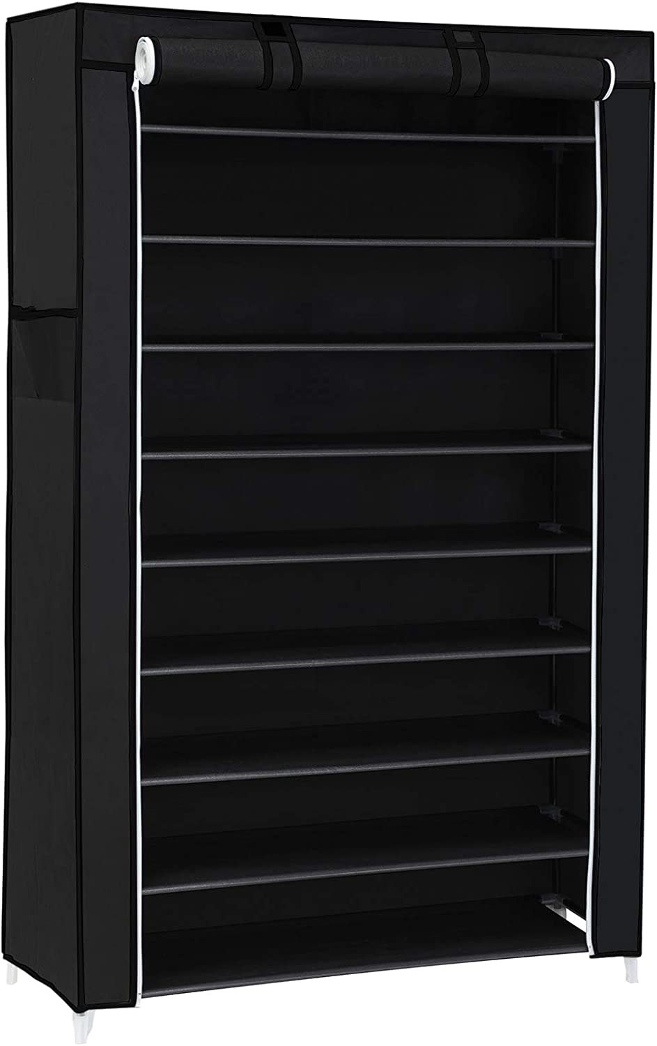SONGMICS 10-etagers skoreol med støvtæt afdækning, skoopbevaringsskab, skoorganisator, plads til op til 40 par sko, i stue, entré, 88 x 28 x 160 cm, sort RXJ36H