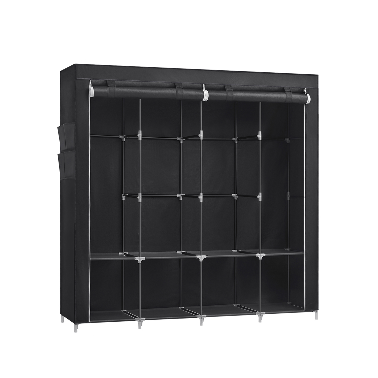 SONGMICS Klädgarderob, Bärbar Garderob, Klädorganiseringsställ med 4 klädställningar, Hyllor, 4 Sidofickor, 45 x 170 x 167 cm, Stor Kapacitet för Sovrum, Vardagsrum, Svart RYG094B02
