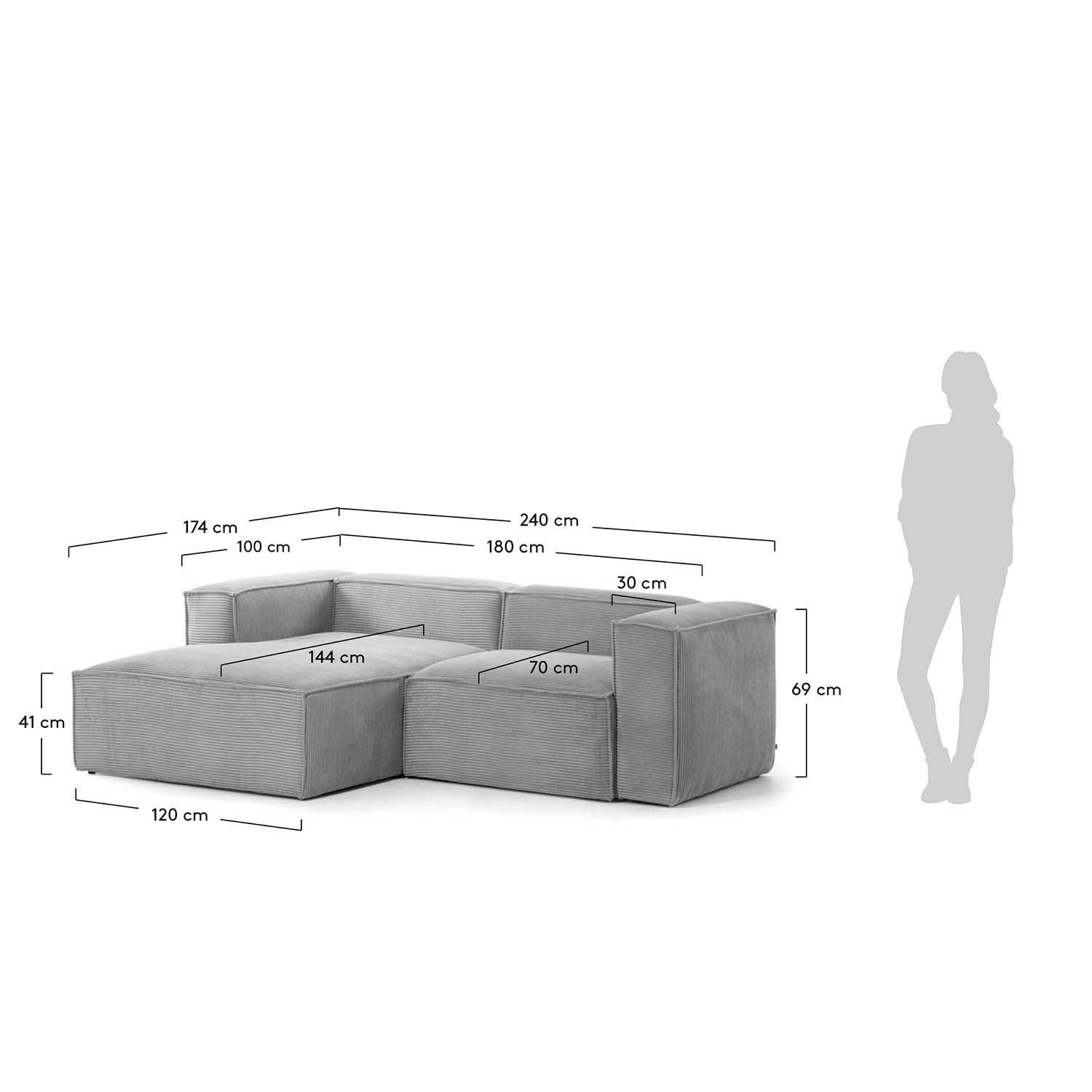 LAFORMA Blok sofa, m. venstre chaiselong - grå fløjl