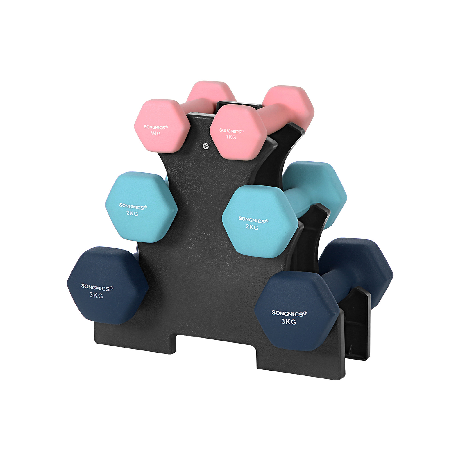 SONGMICS Sekskanthåndvægtesæt med stativ - 2 x 1 kg, 2 x 2 kg, 2 x 3 kg, Neopren Matfinish, Håndvægte til hjemmetræning, Pink, Aqua og Blå SYL612MK