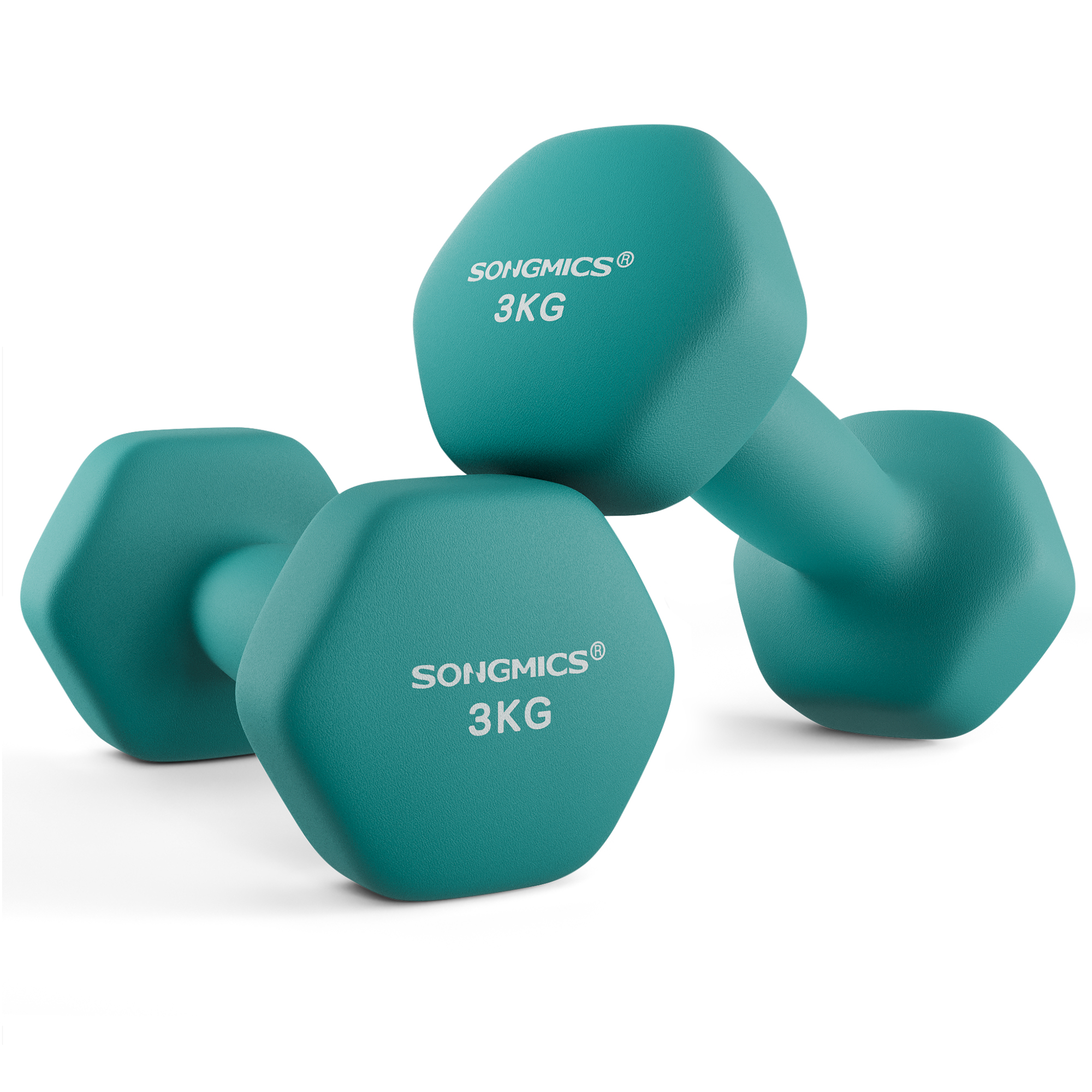 Sæt med 2 neopren sekskanthåndvægte, 2 x 3 kg, med håndvægtstænger, hjemmetræning, blågrøn Sæt med 2 neopren sekskanthåndvægte, 2 x 3 kg, med håndvægtstænger, hjemmetræning, blågrøn