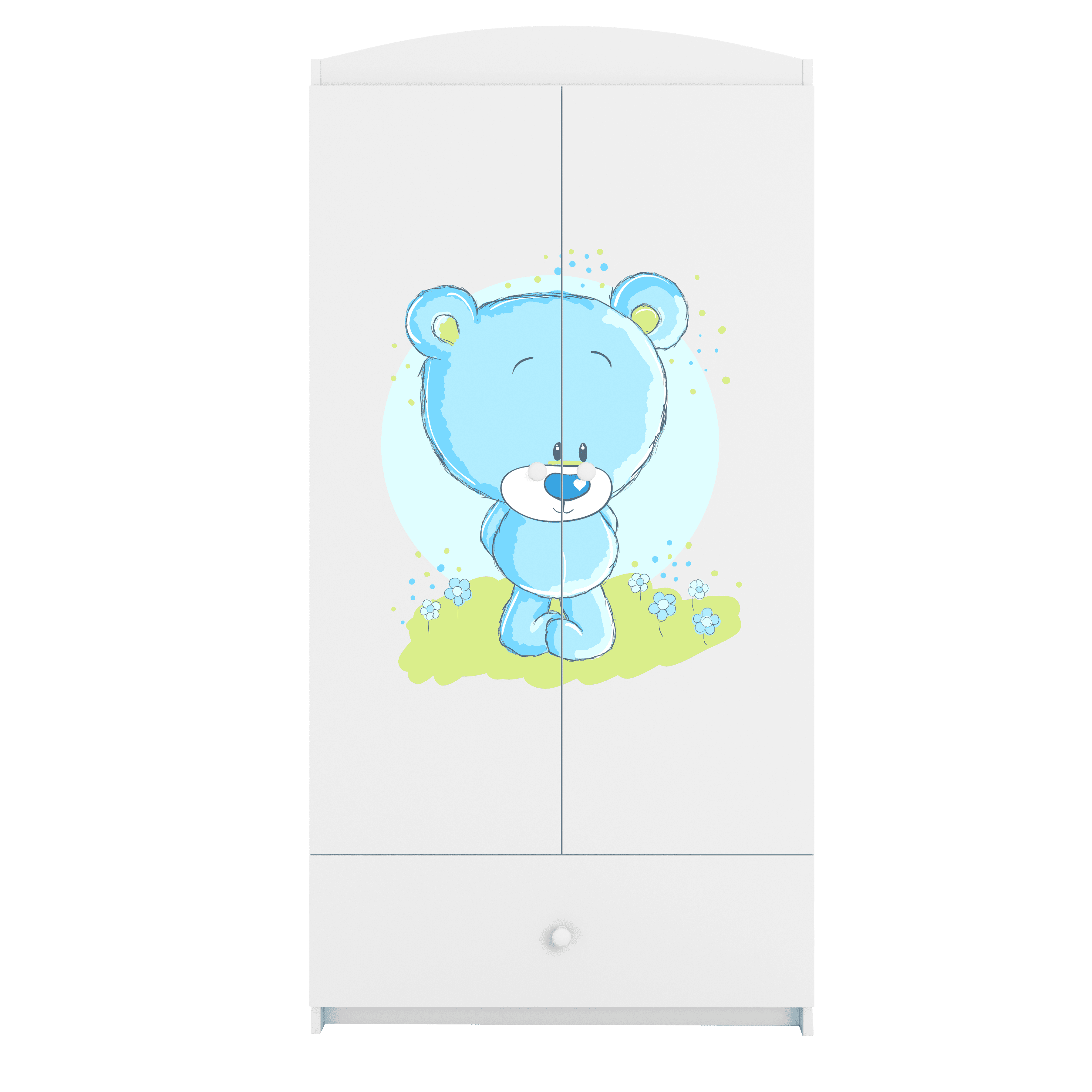 Babydreams garderobeskab til børn med blå bamse, m. 2 låger, 1 skuffe - hvid laminat