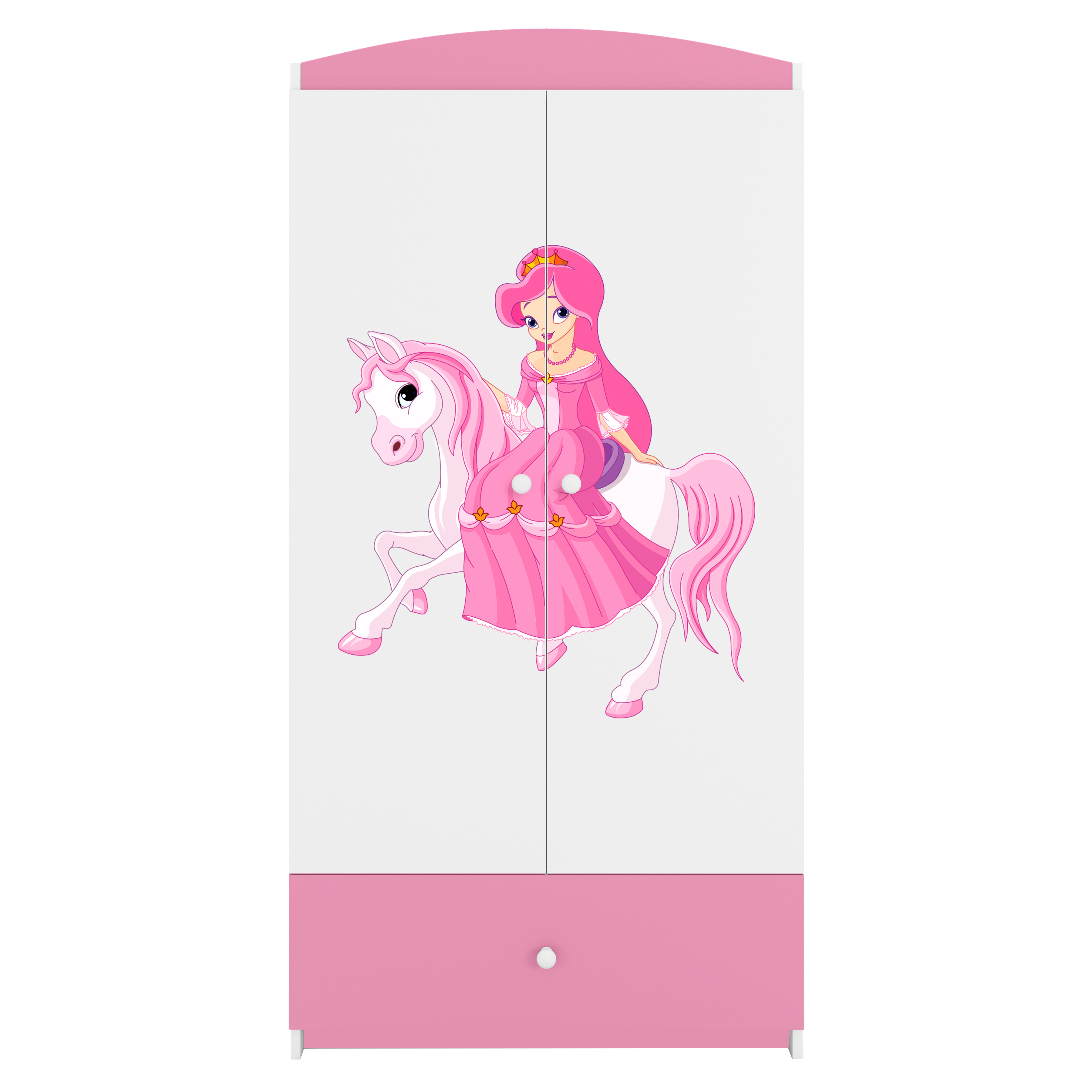 12: Babydreams garderobeskab til børn m. prinsesse på hest, m. 2 låger, 1 skuffe - hvid/lyserød laminat