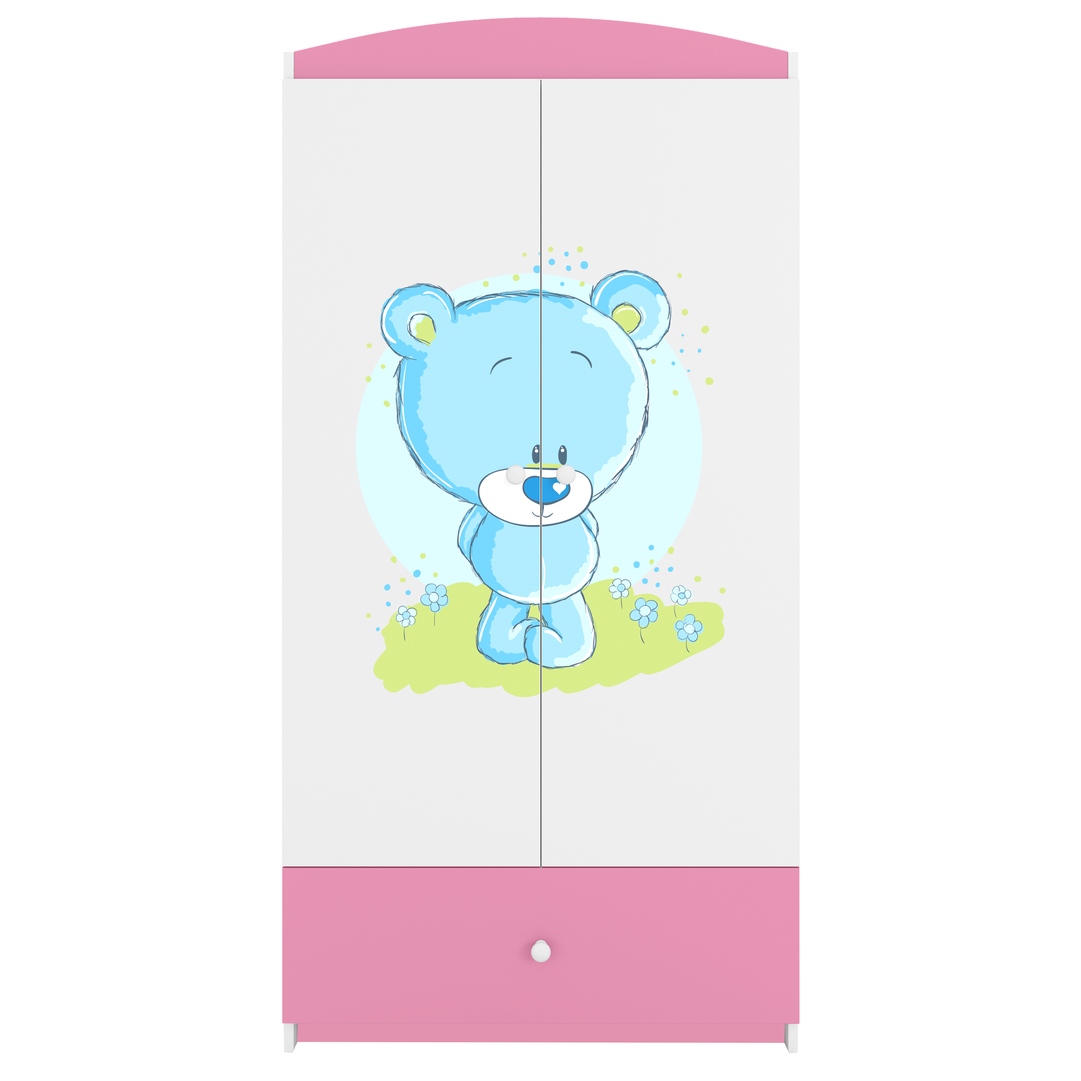 Babydreams garderobeskab til børn med blå bamse, m. 2 låger, 1 skuffe - hvid og lyserød laminat