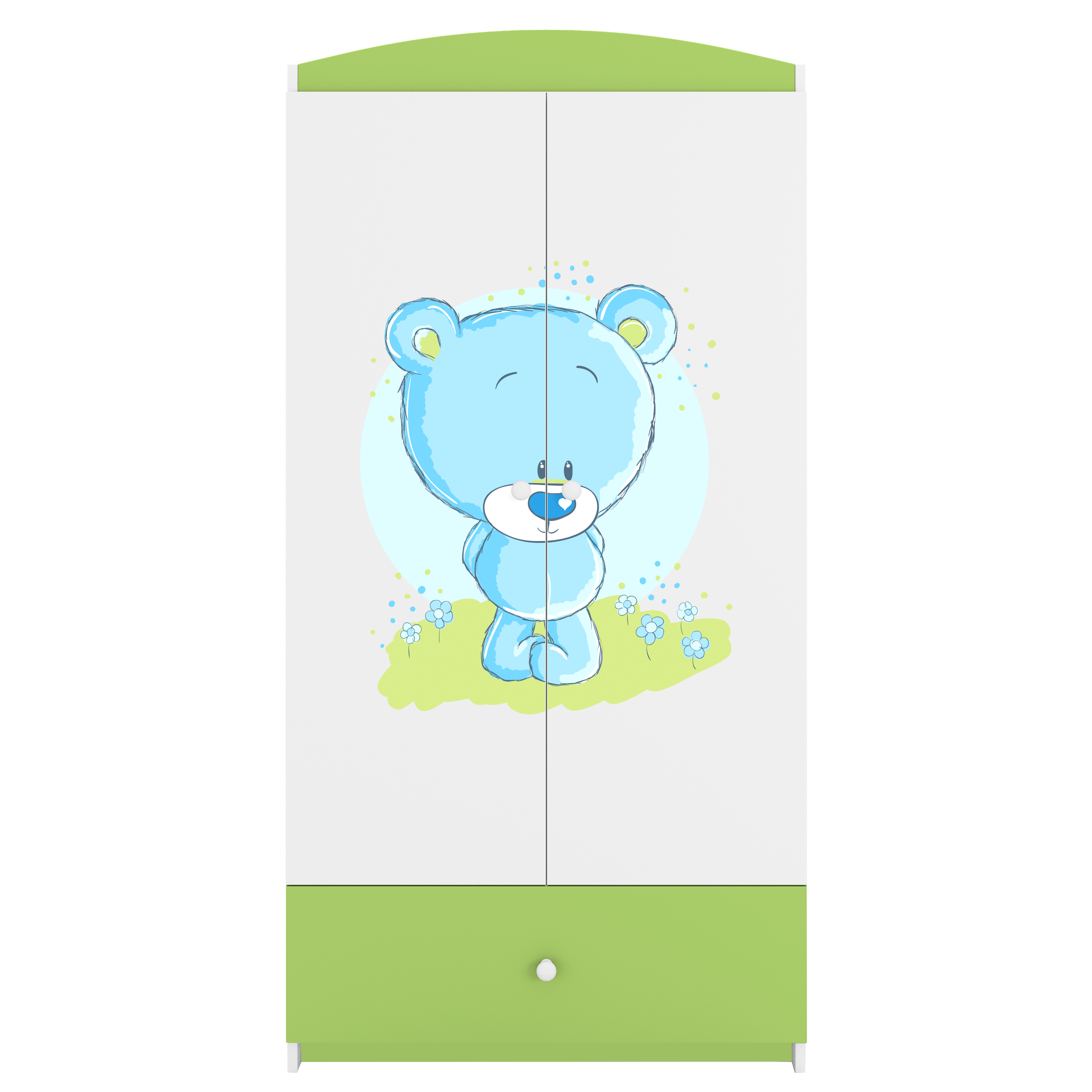 Babydreams garderobeskab til børn med blå bamse , m. 2 låger, 1 skuffe - hvid og grøn laminat