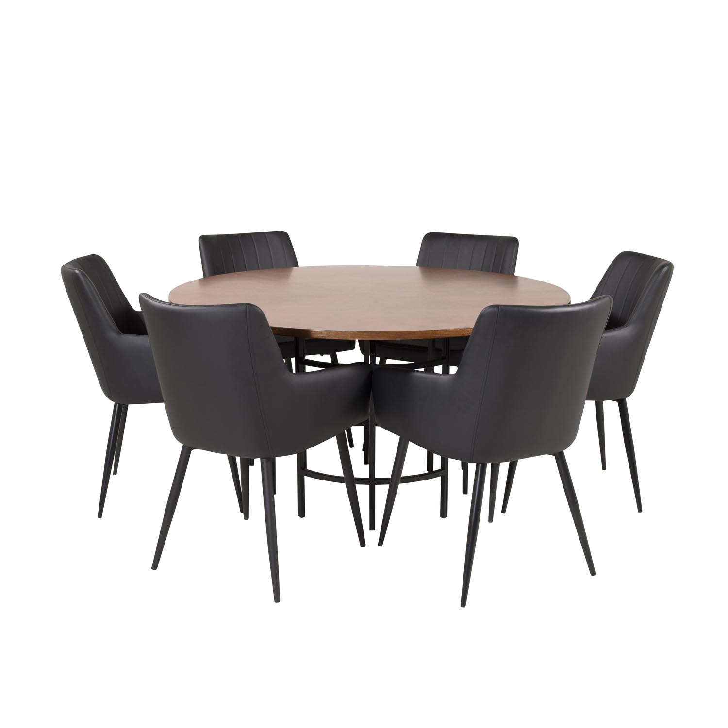 Billede af VENTURE DESIGN Copenhagen spisebordssæt, m. 6 stole - brun finer/sort metal og sort PU/sort metal