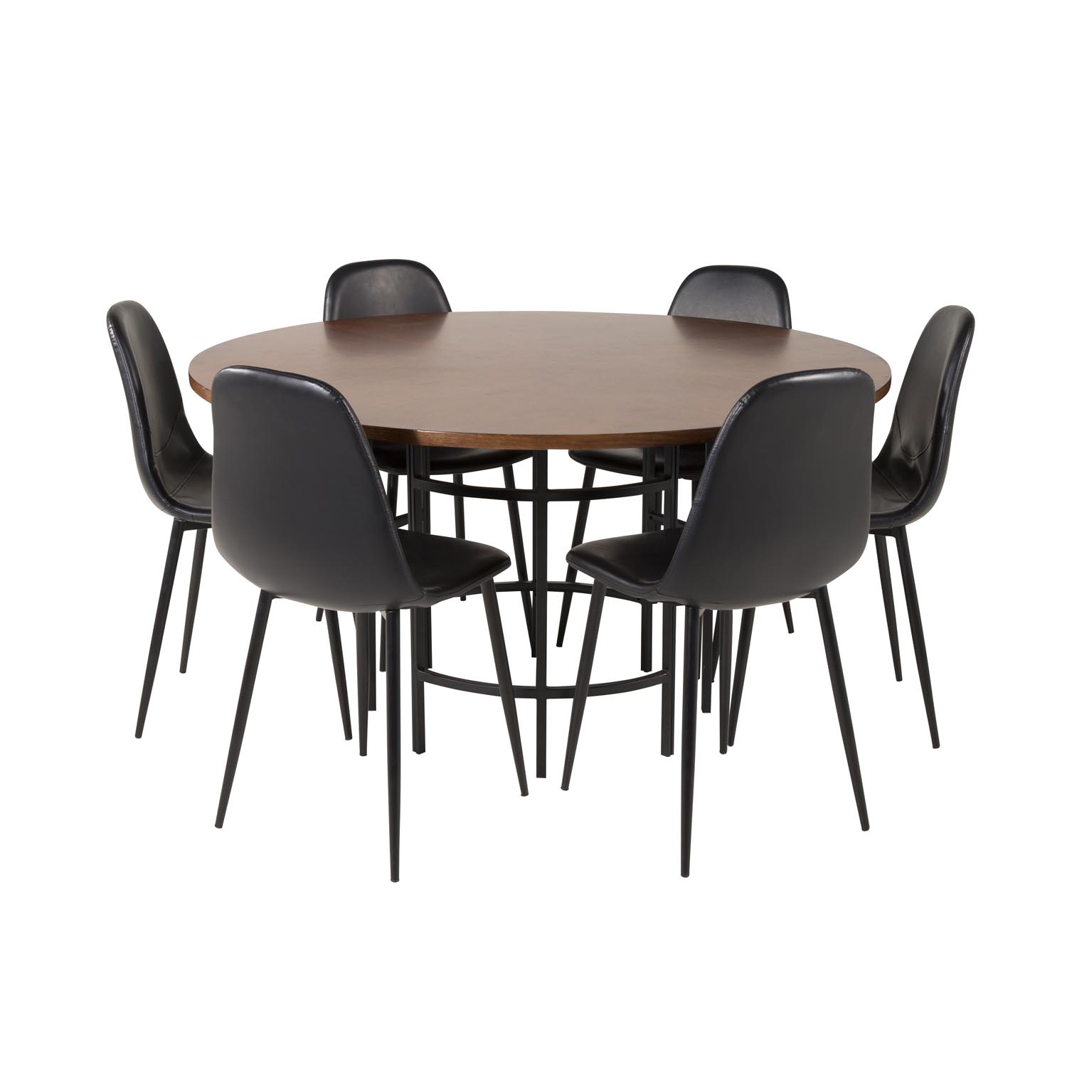 VENTURE DESIGN Copenhagen spisebordssæt, m. 6 stole - brun finer/sort metal og sort PU/sort metal