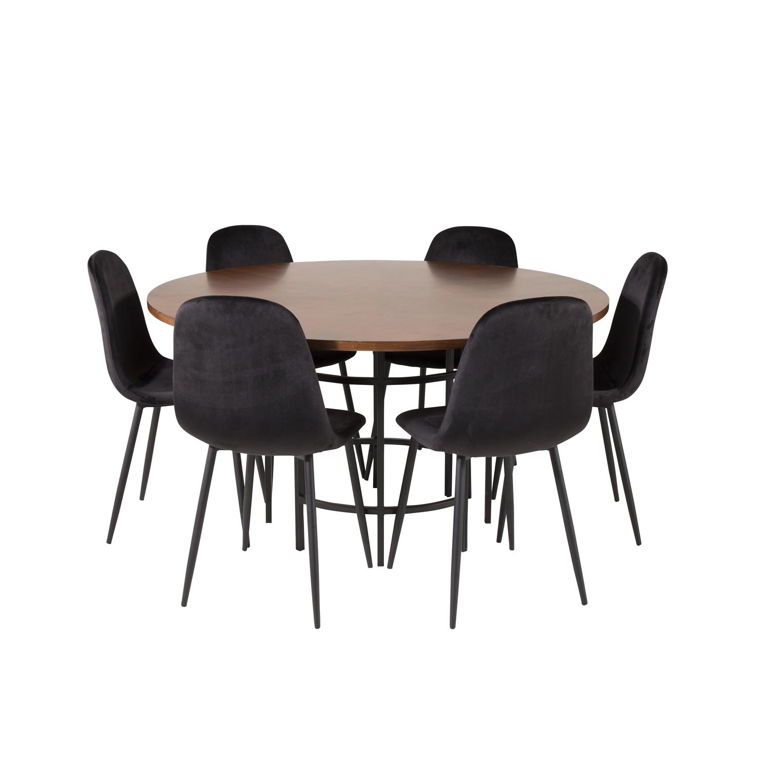 VENTURE DESIGN Copenhagen spisebordssæt, m. 6 stole - brun finer/sort metal og sort fløjl/sort metal