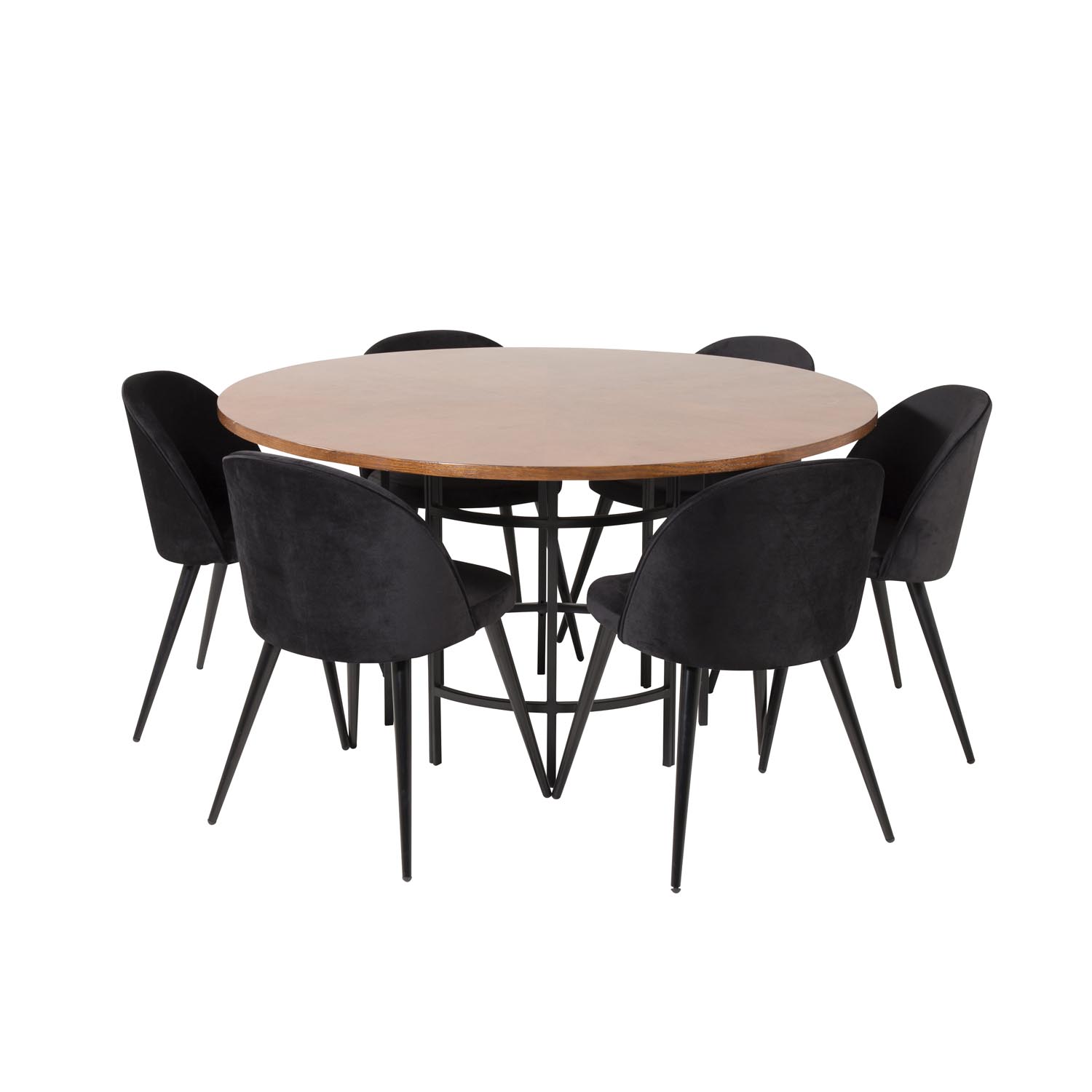 VENTURE DESIGN Copenhagen spisebordssæt, m. 6 stole - brun finer/sort metal og sort fløjl/sort metal