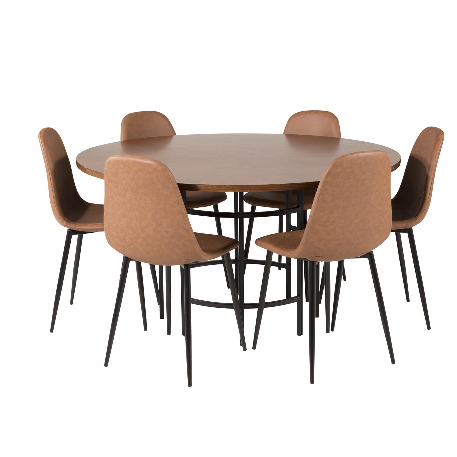 VENTURE DESIGN Copenhagen spisebordssæt, m. 6 stole - brun finer/sort metal og brun PU/sort metal