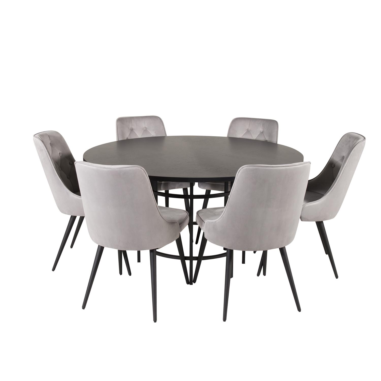 VENTURE DESIGN Copenhagen spisebordssæt, m. 6 stole - sort finer/sort metal og grå fløjl/sort metal