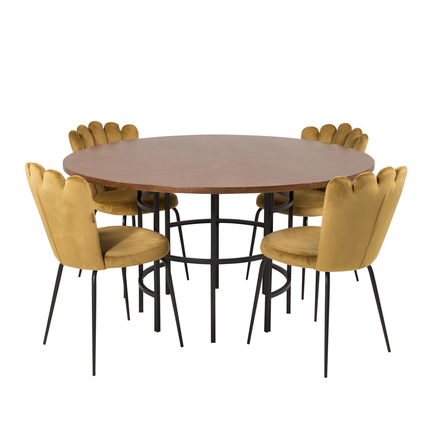 VENTURE DESIGN Copenhagen spisebordssæt, m. 4 stole - brun finer/sort metal og gul fløjl/sort metal