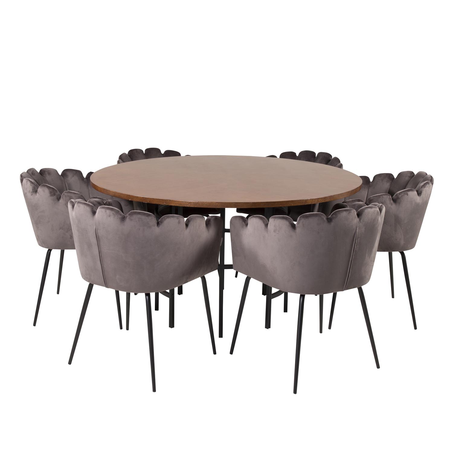 VENTURE DESIGN Copenhagen spisebordssæt, m. 4 stole - brun finer/sort metal og grå fløjl/sort metal