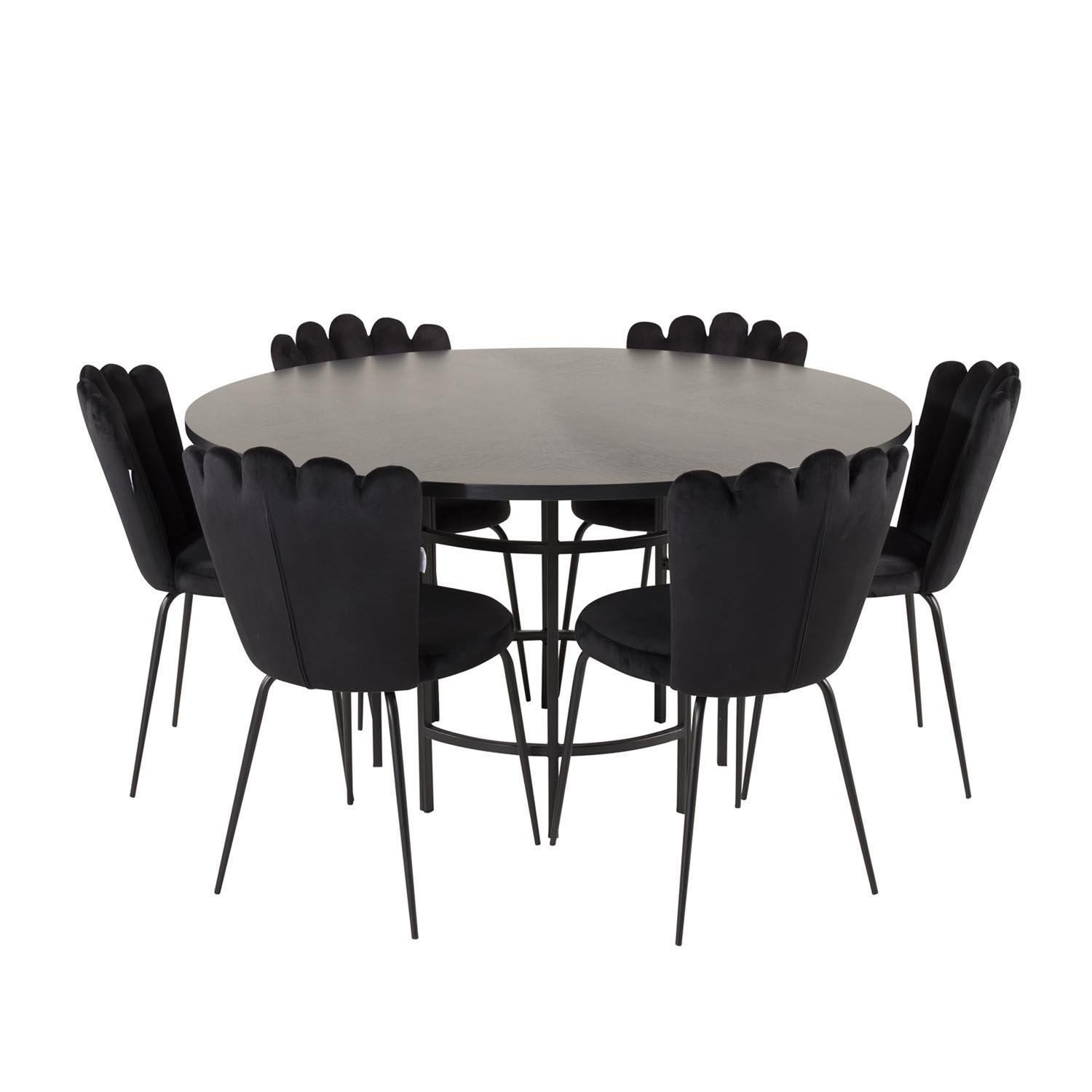 VENTURE DESIGN Copenhagen spisebordssæt, m. 4 stole - sort finer/sort metal og sort fløjl/sort metal