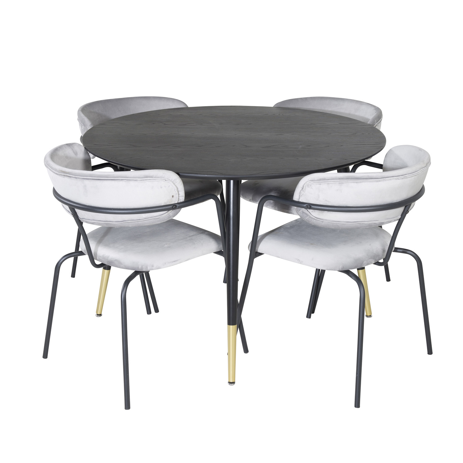 VENTURE DESIGN Dipp spisebordssæt, m. 4 stole - sort finer/messing sort metal, grå fløjl/sort metal