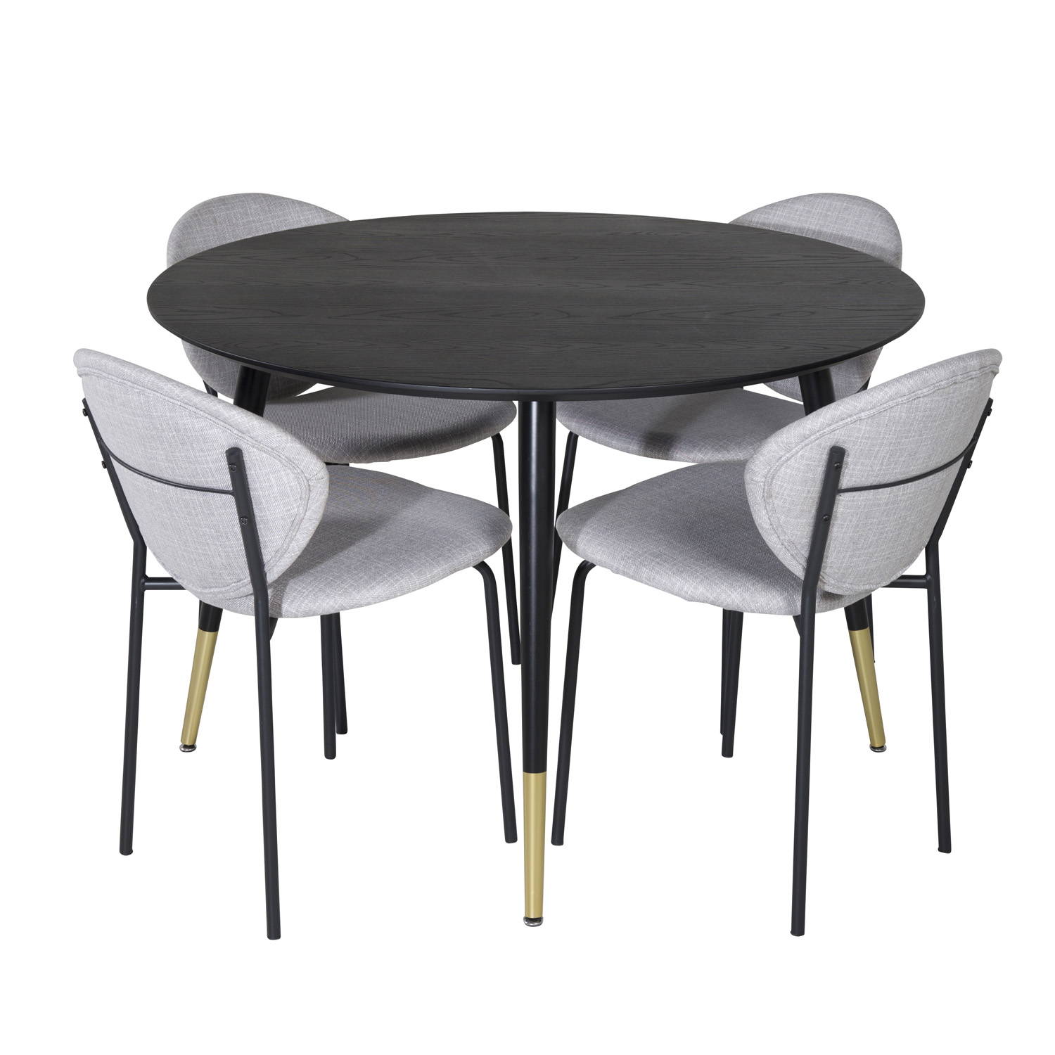 VENTURE DESIGN Dipp spisebordssæt, m. 4 stole - sort finer/messing sort metal, grå stof/sort metal