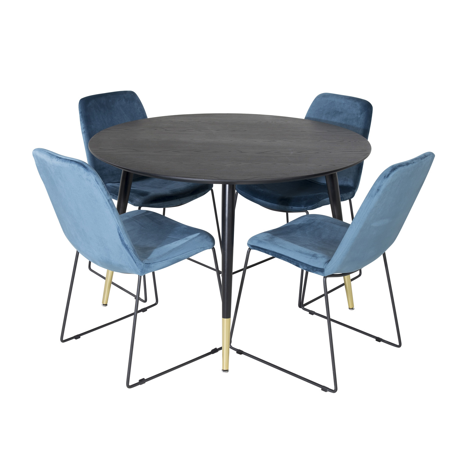 VENTURE DESIGN Dipp spisebordssæt, m. 4 stole - sort finer/messing sort metal, blå fløjl/sort metal