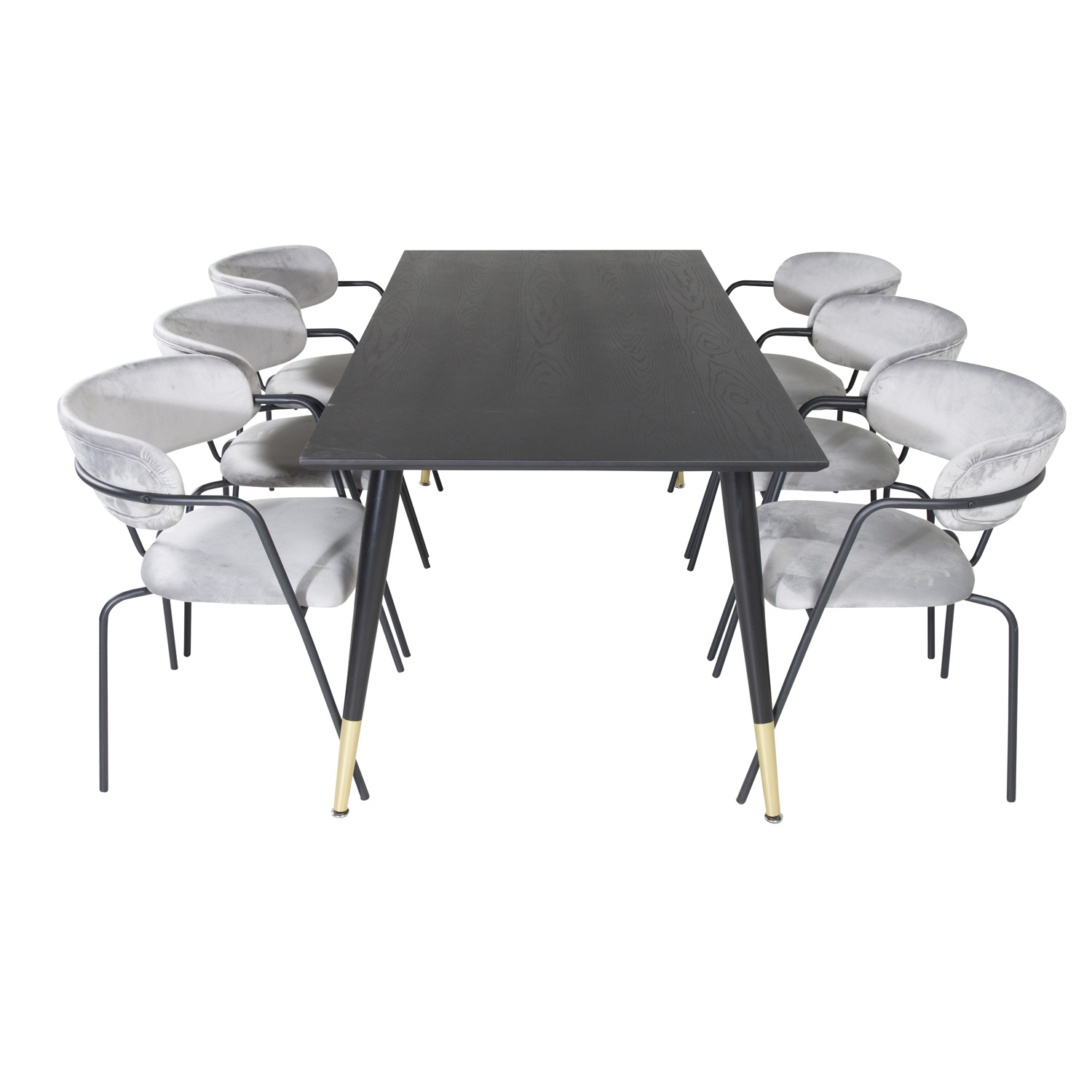 Billede af VENTURE DESIGN Dipp spisebordssæt, m. 6 stole - sort finer/messing sort metal, grå fløjl/sort metal
