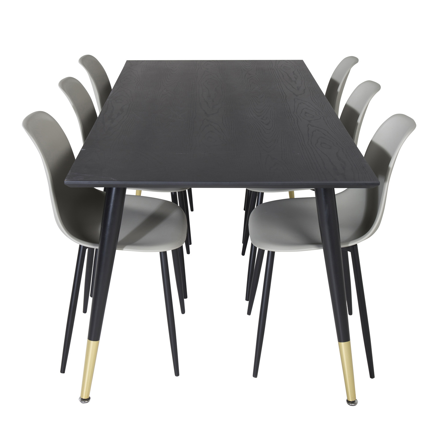 Billede af VENTURE DESIGN Dipp spisebordssæt, m. 6 stole - sort finer/messing/sort metal, grå plastik/sort jern