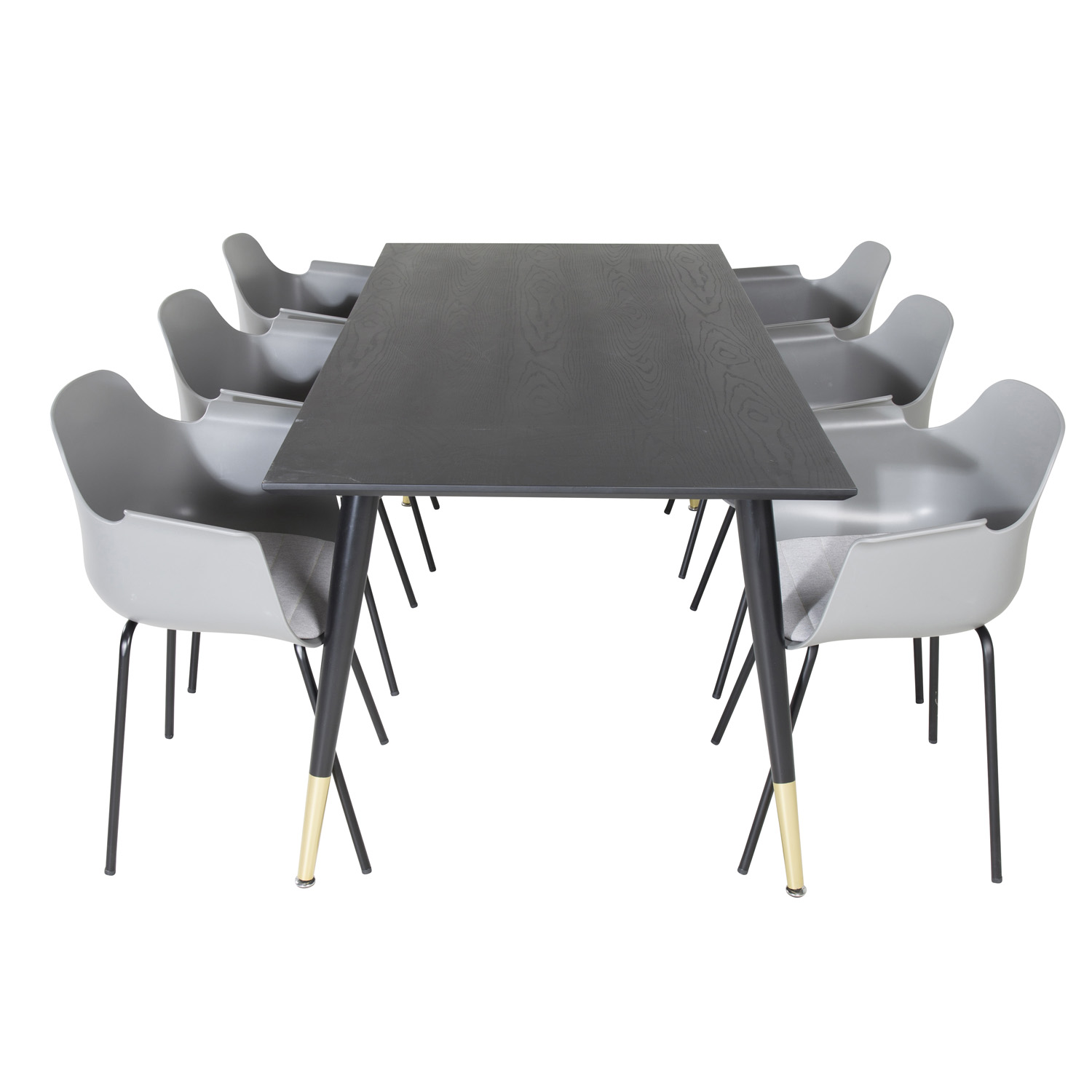 Billede af VENTURE DESIGN Dipp spisebordssæt, m. 6 stole - sort finer/messing/sort metal, grå plast/sort metal