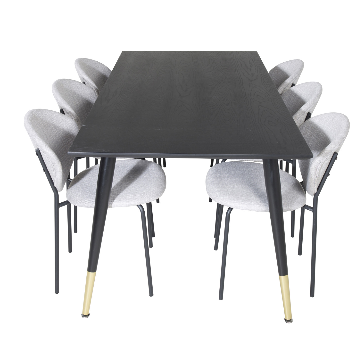 VENTURE DESIGN Dipp spisebordssæt, m. 6 stole - sort finer/messing sort metal, grå stof/sort metal