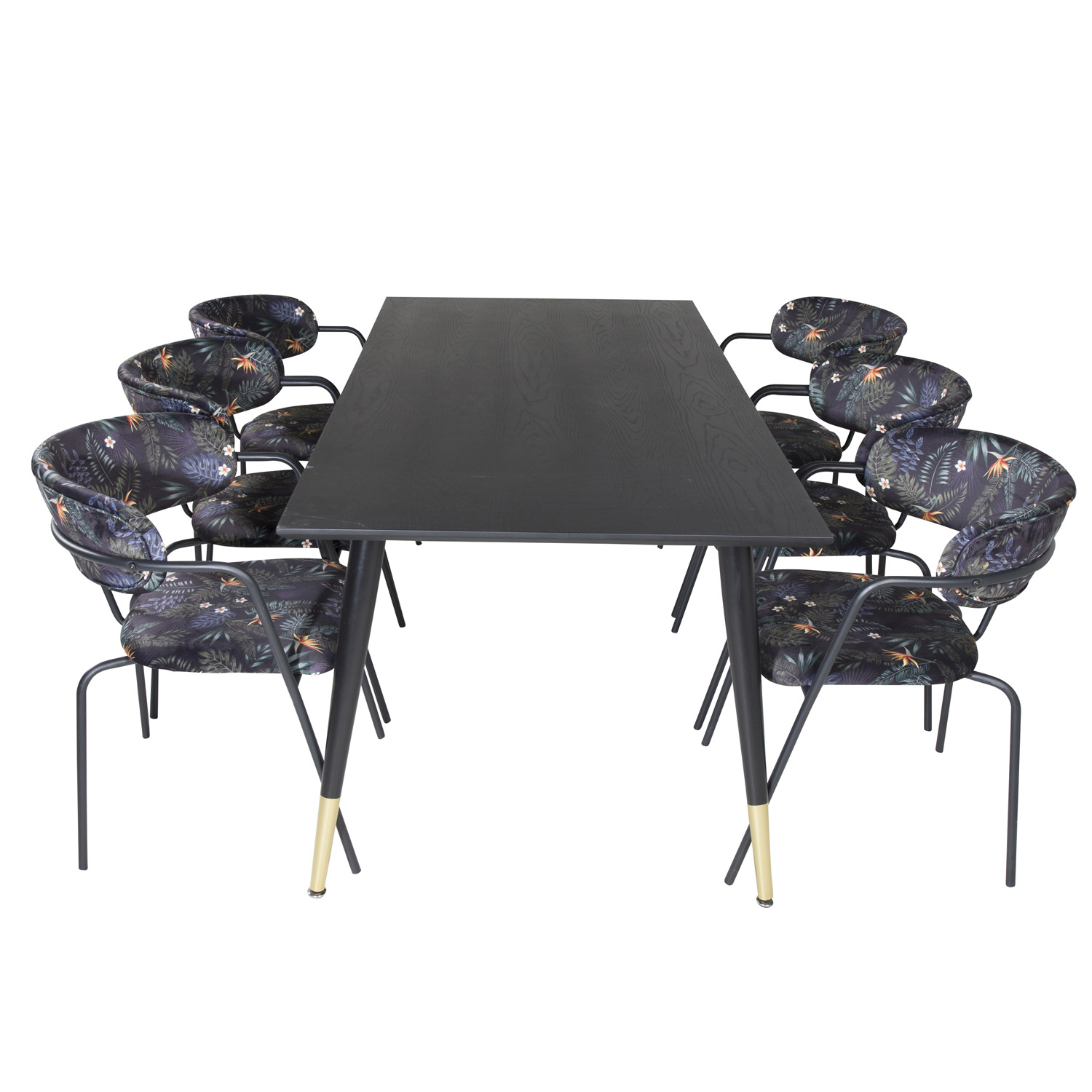Billede af VENTURE DESIGN Dipp spisebordssæt, m. 6 stole - sort finer/messing/sort metal, multi stof/sort metal