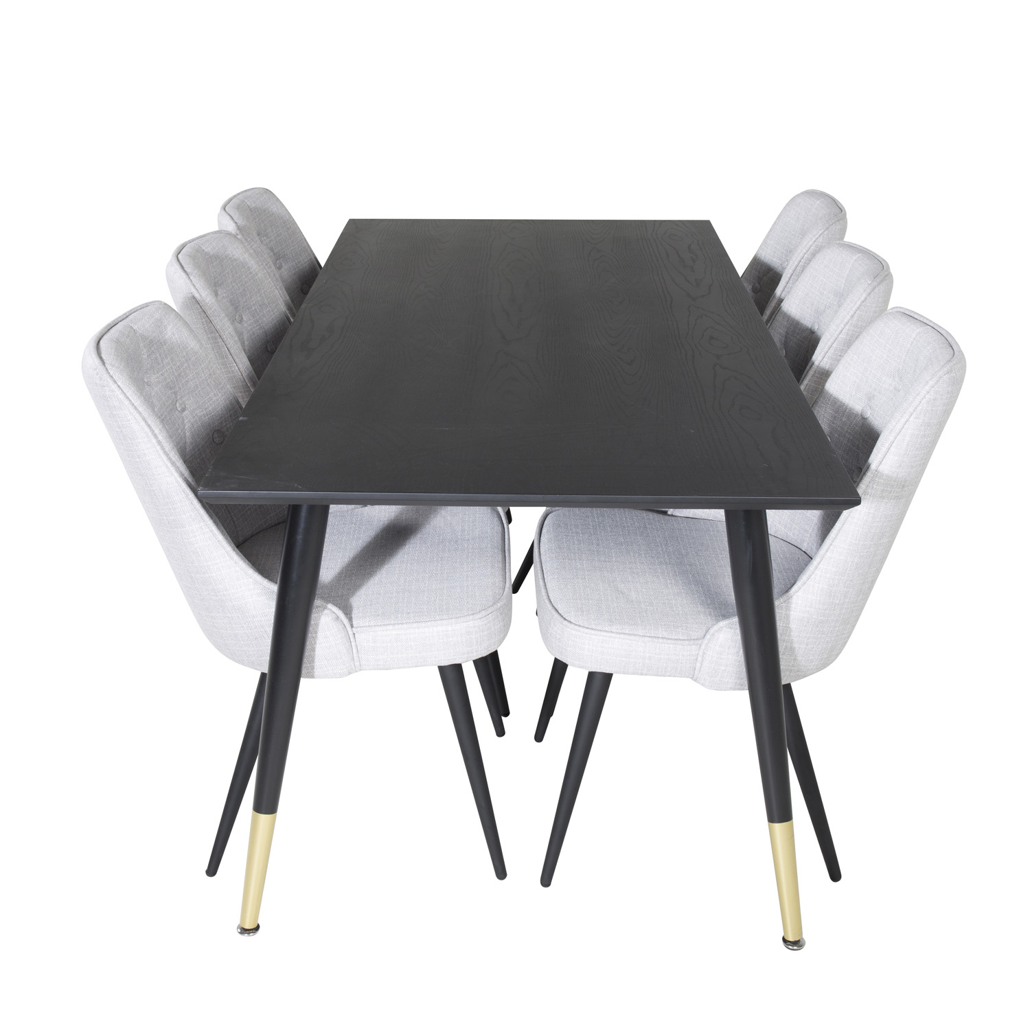 VENTURE DESIGN Dipp spisebordssæt, m. 6 stole - sort finer/messing/sort metal, grå stof/sort metal