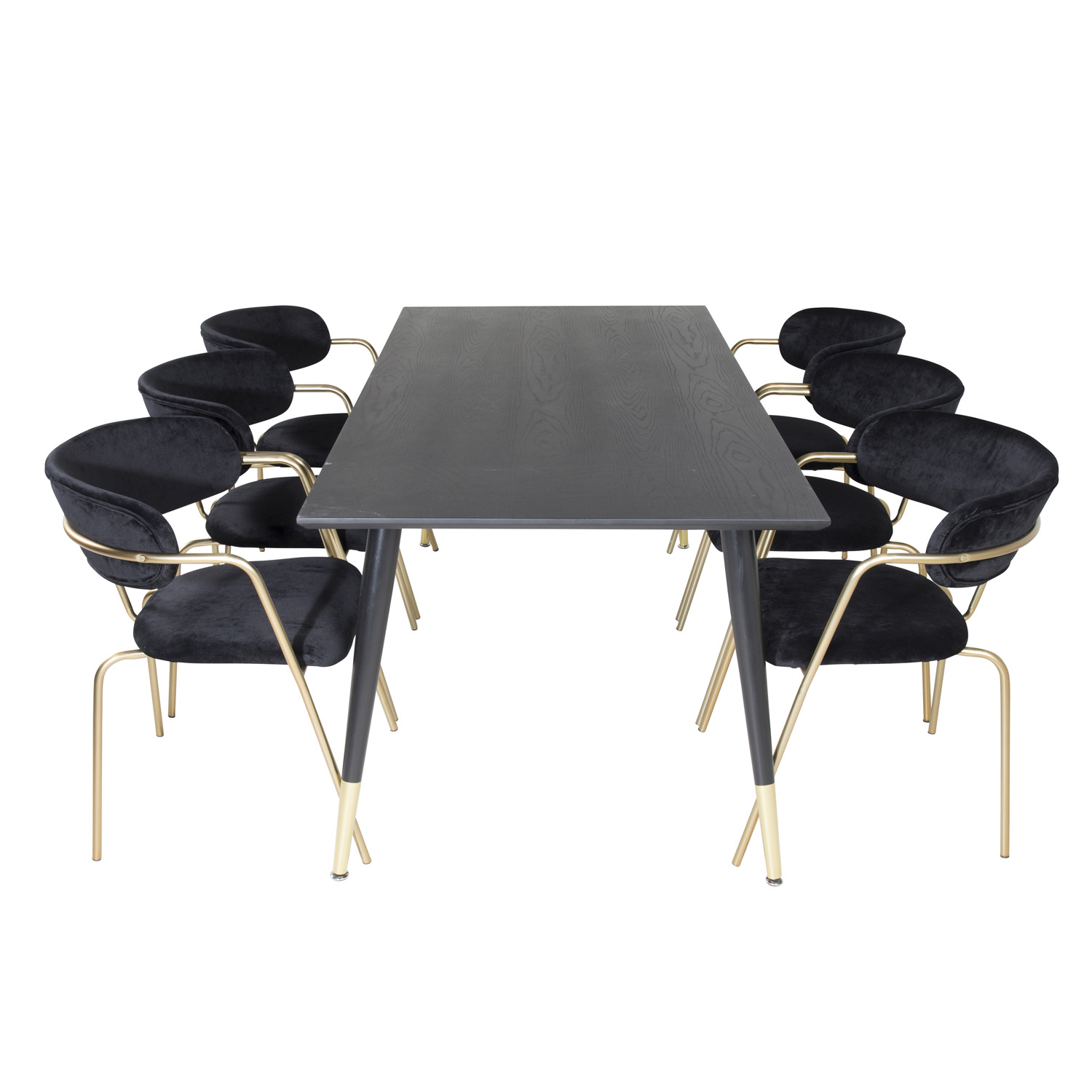 Billede af VENTURE DESIGN Dipp spisebordssæt, m. 6 stole - sort finer/messing sort metal/sort fløjl