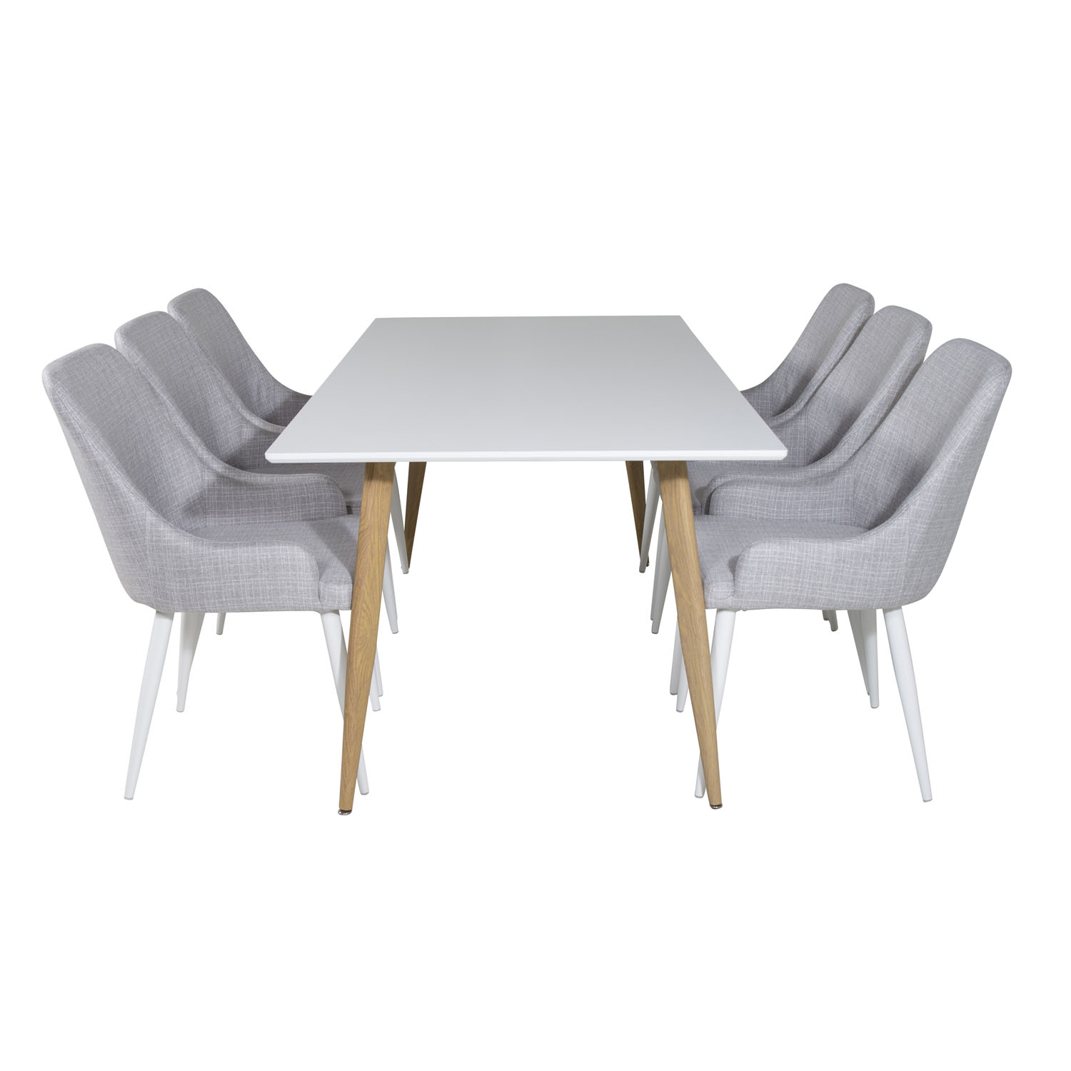 VENTURE DESIGN Polar spisebordssæt, m. 6 stole -  hvid MDF/natur folie metal, grå stof/hvid metal