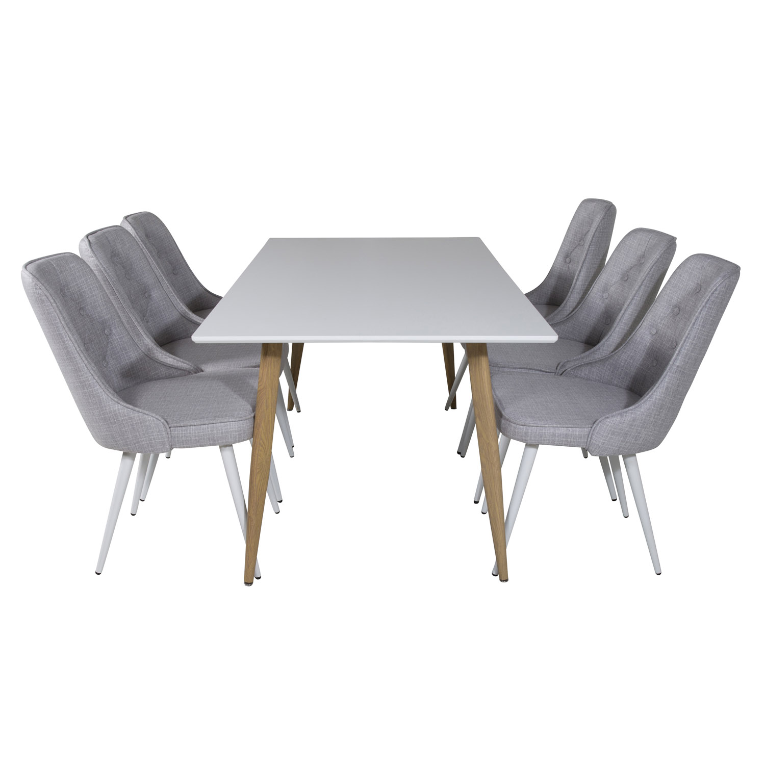 VENTURE DESIGN Polar spisebordssæt, m. 6 stole - hvid MDF/natur folie metal, lysegrå stof/hvid metal