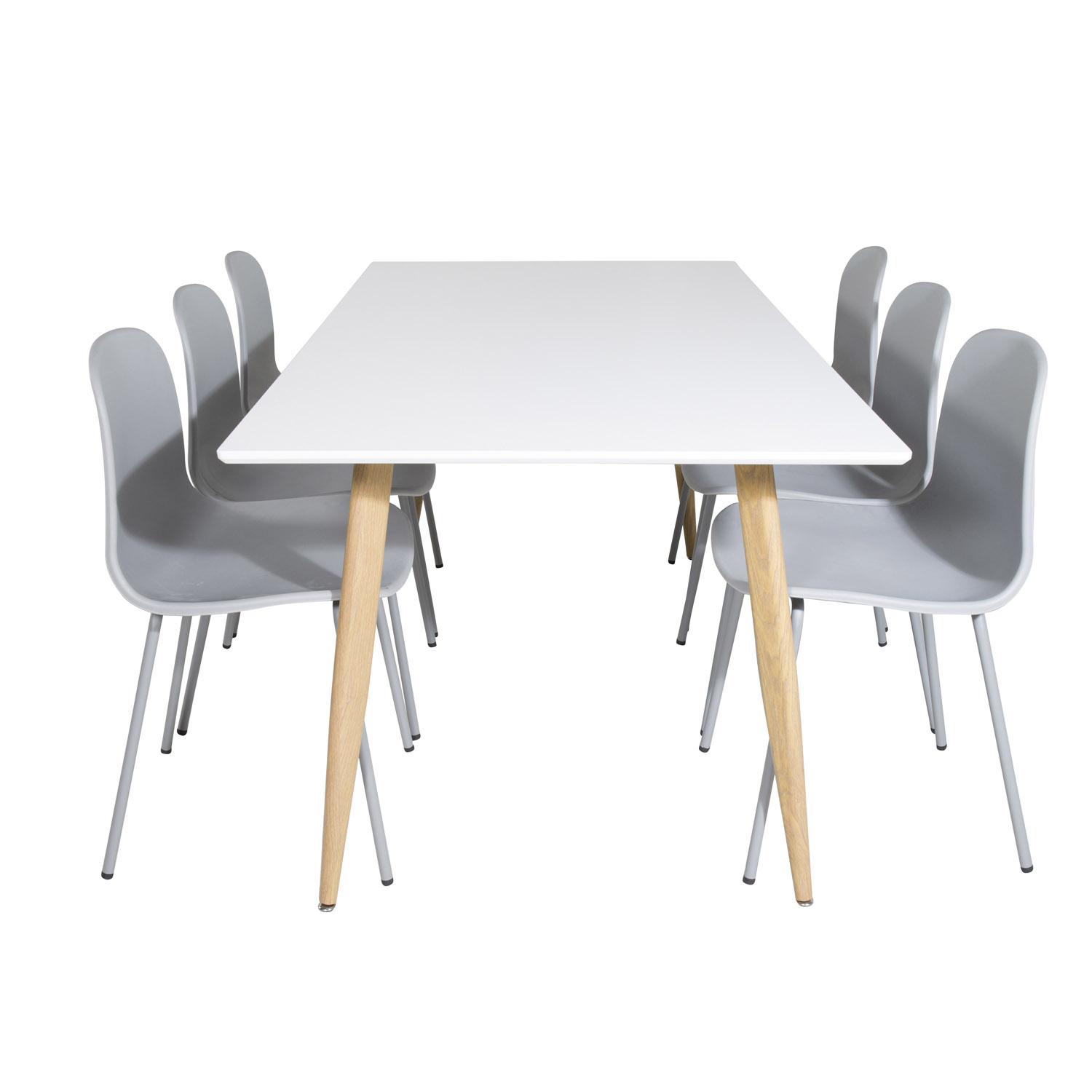 VENTURE DESIGN Polar spisebordssæt, m. 6 stole - hvid MDF/natur folie metal, grå plastik/grå metal