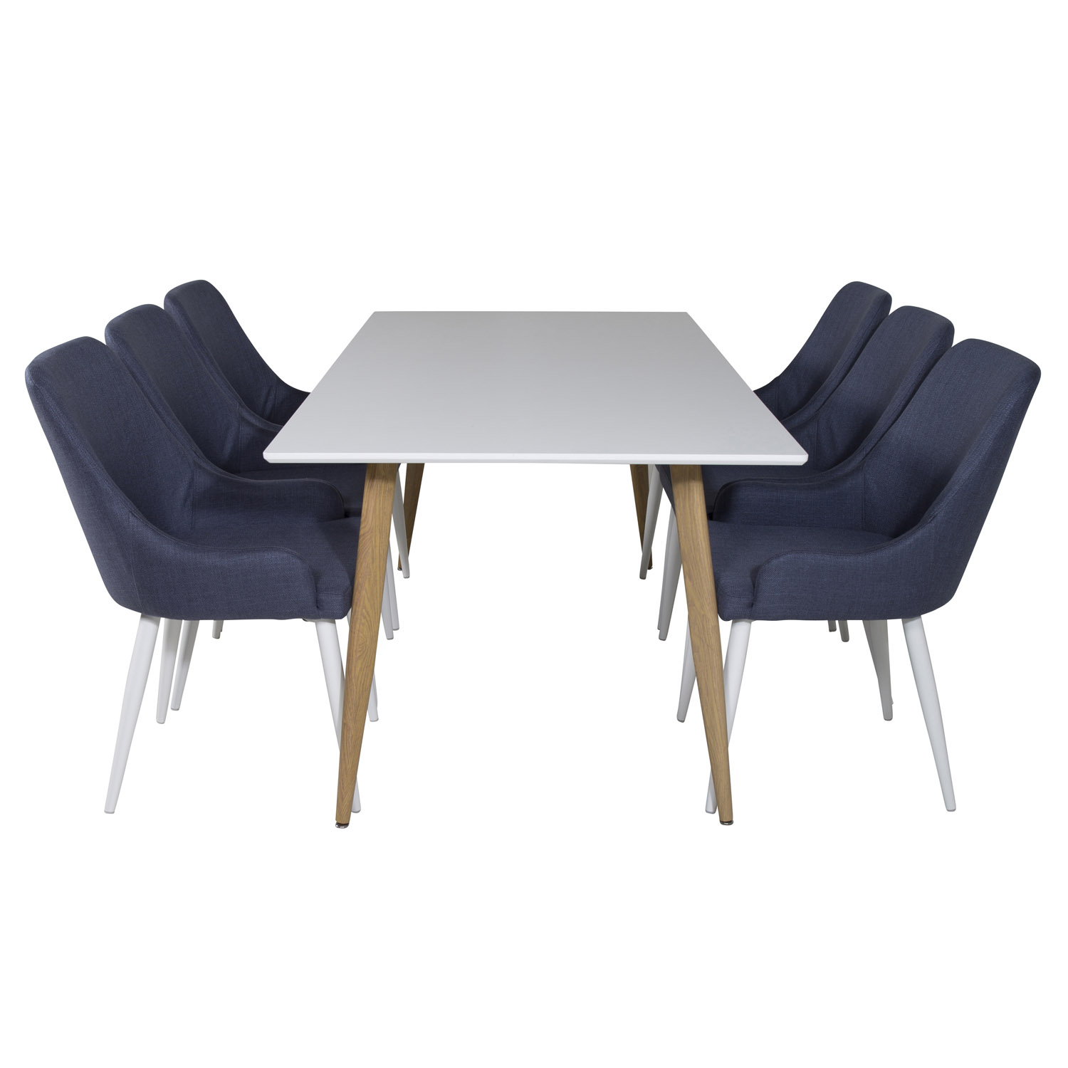 VENTURE DESIGN Polar spisebordssæt, m. 6 stole - hvid MDF/natur folie metal, blå stof/hvid metal